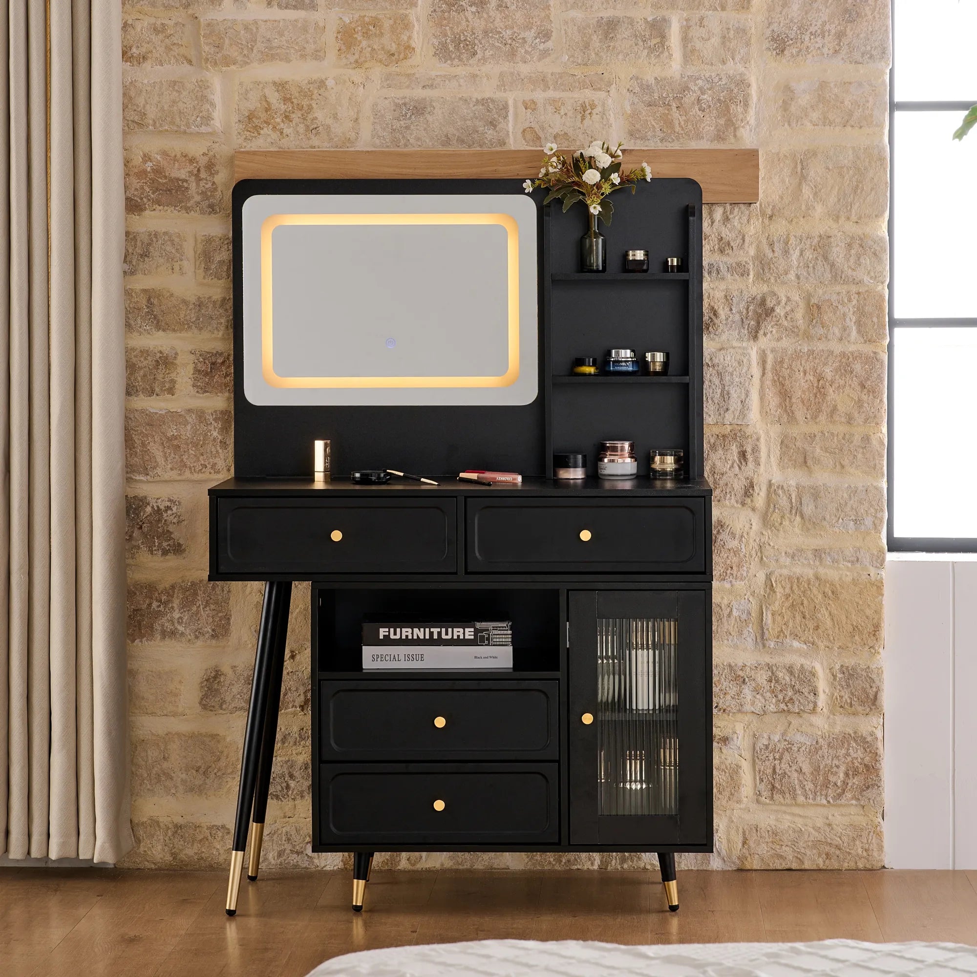 Modern Makeup Vanity with LED Mirror & Storage Cabinet