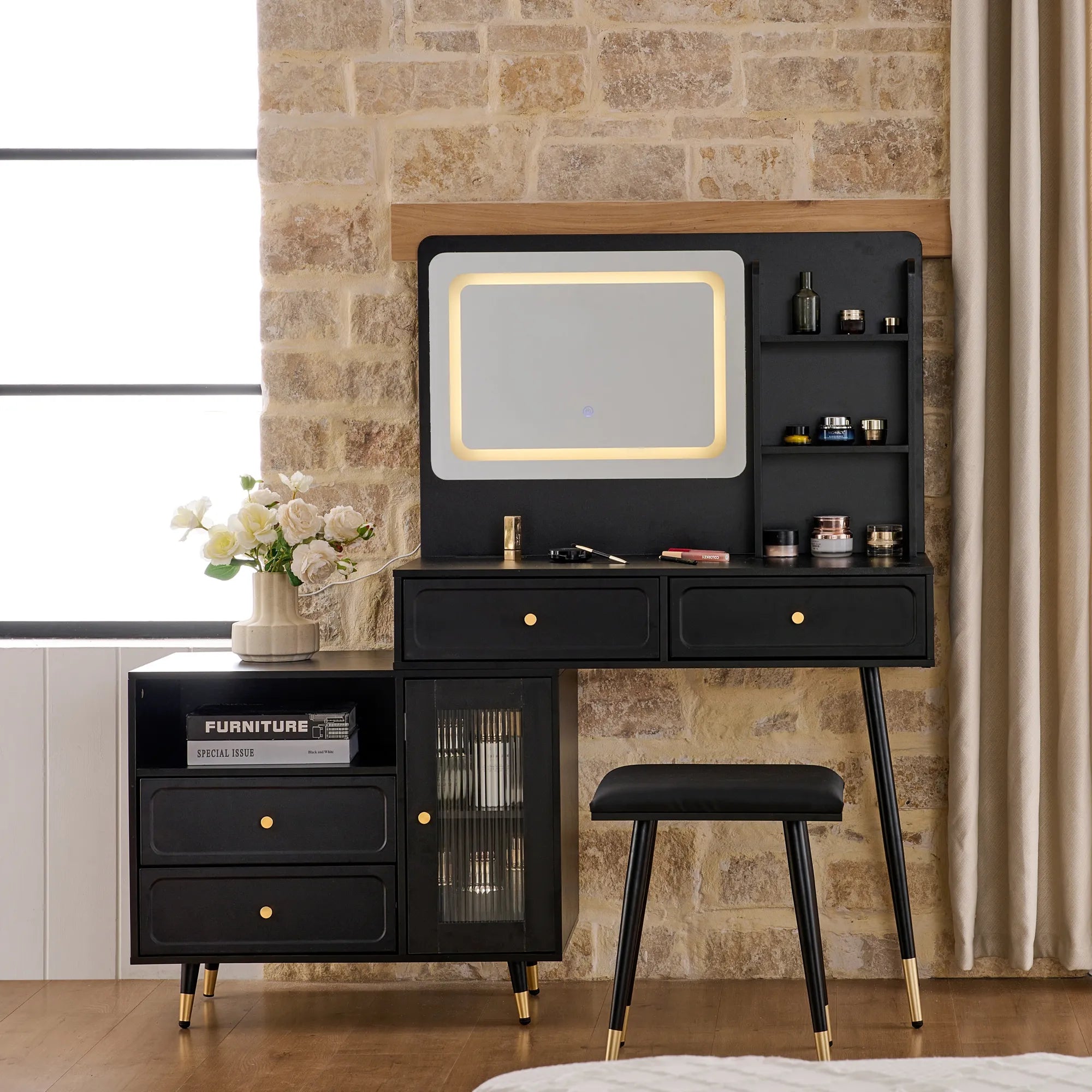 Modern Makeup Vanity with LED Mirror & Storage Cabinet