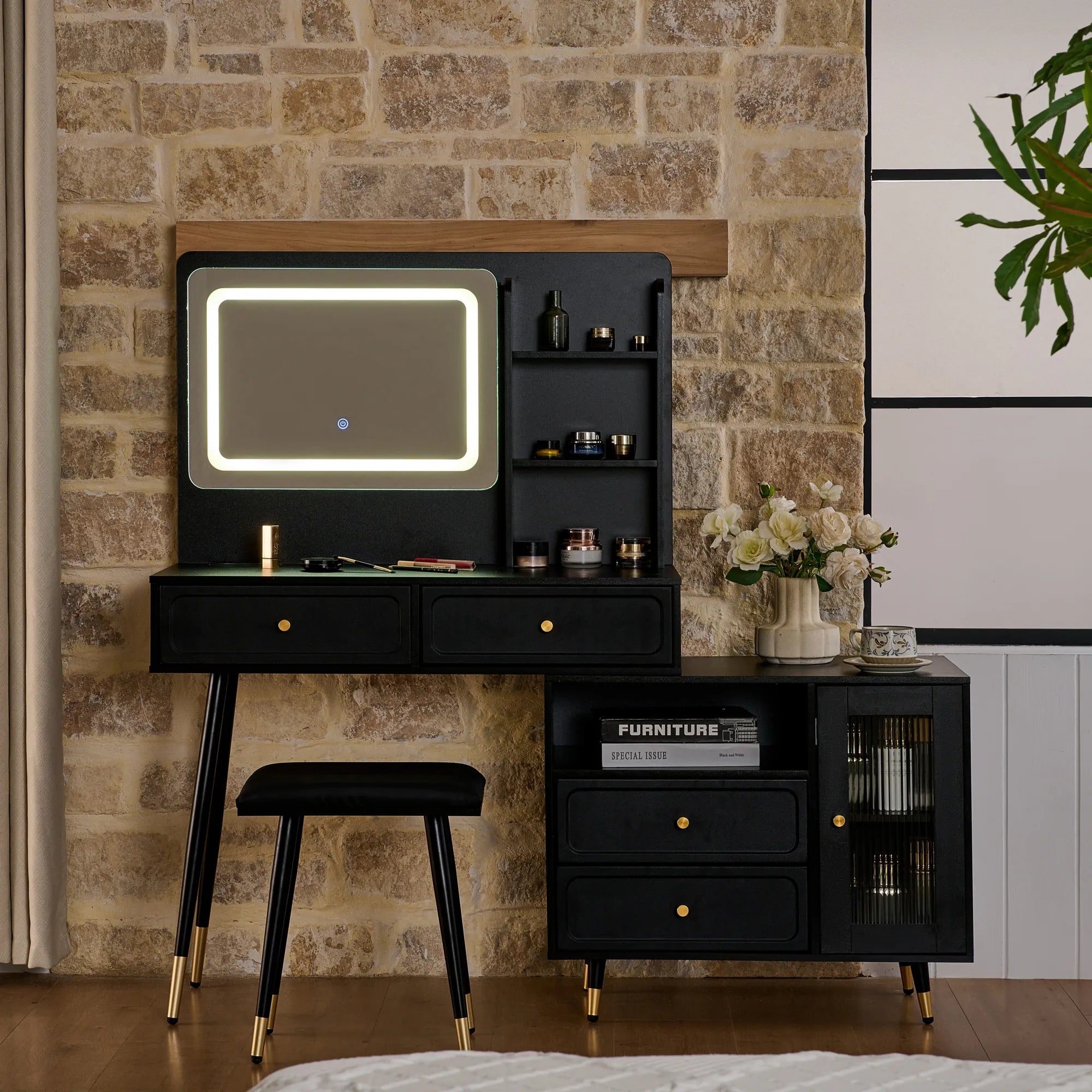 Modern Makeup Vanity with LED Mirror & Storage Cabinet
