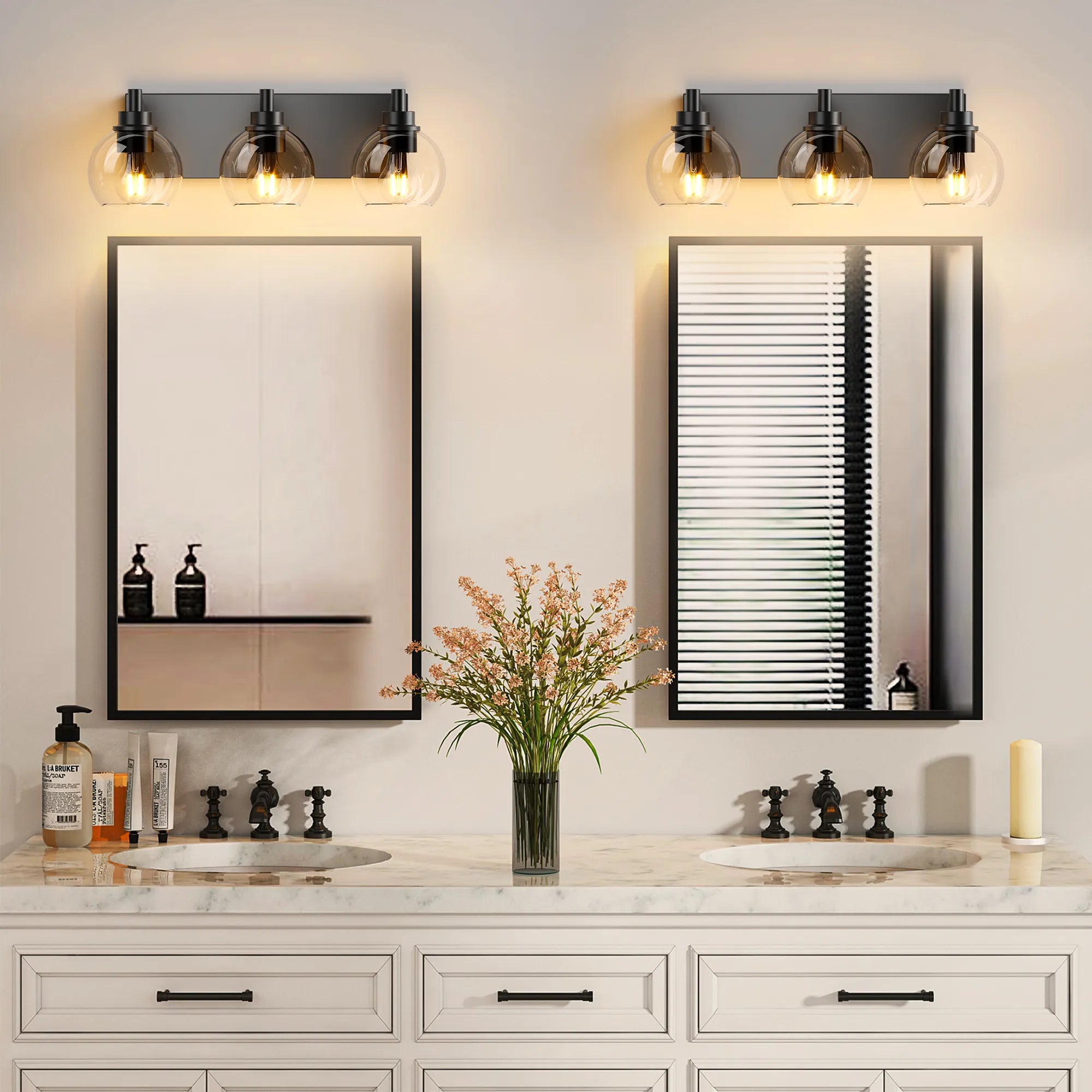 Modern Matte Black Bathroom Vanity Light with Clear Glass Shades