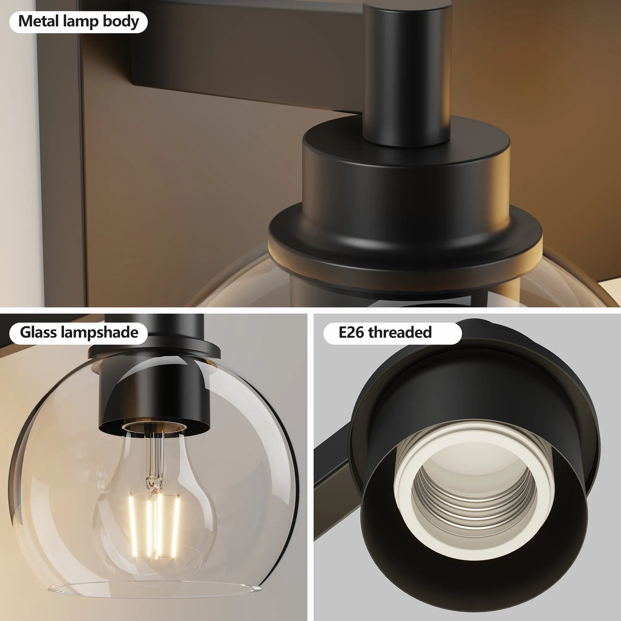 Modern Matte Black Bathroom Vanity Light with Clear Glass Shades