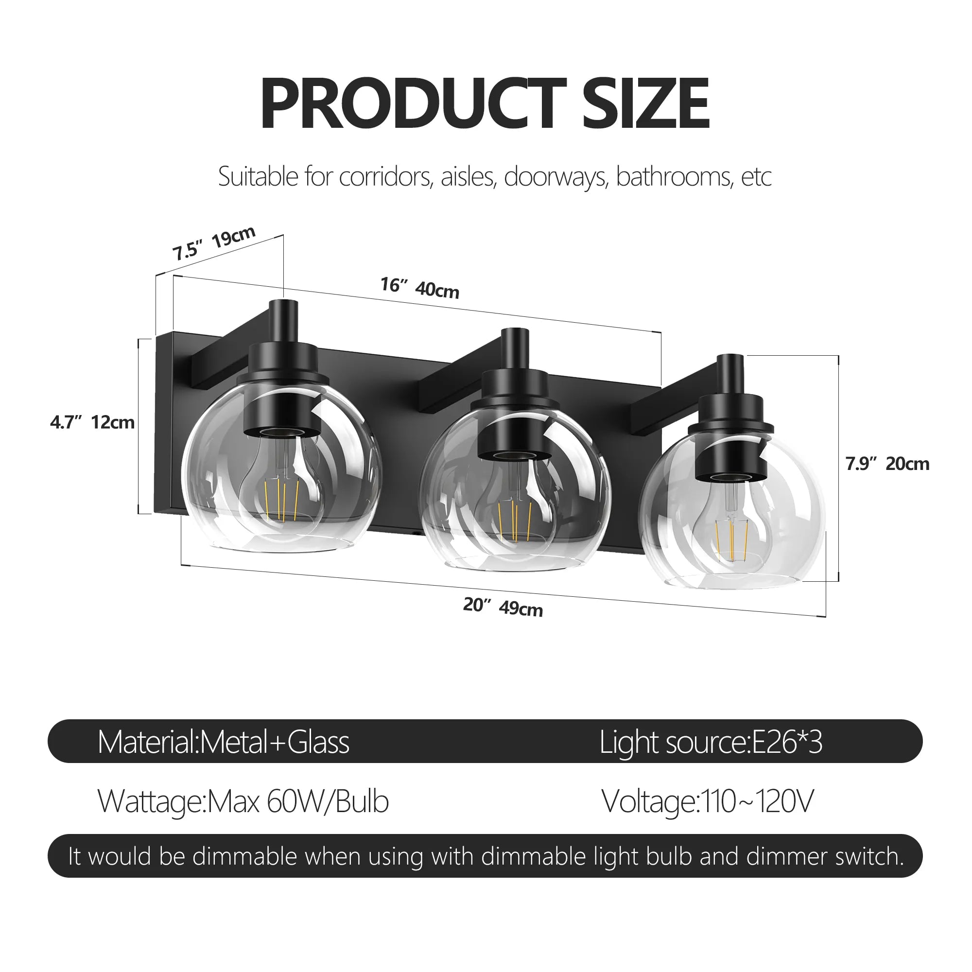 Modern Matte Black Bathroom Vanity Light with Clear Glass Shades