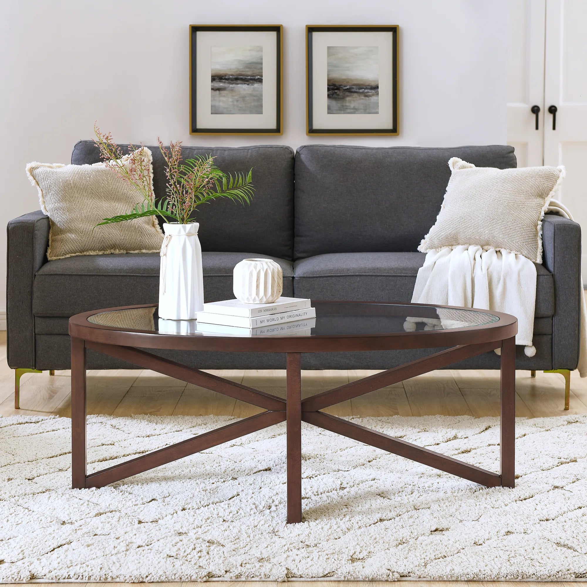 Modern Oval Tempered Glass Coffee Table with Solid Wood Base