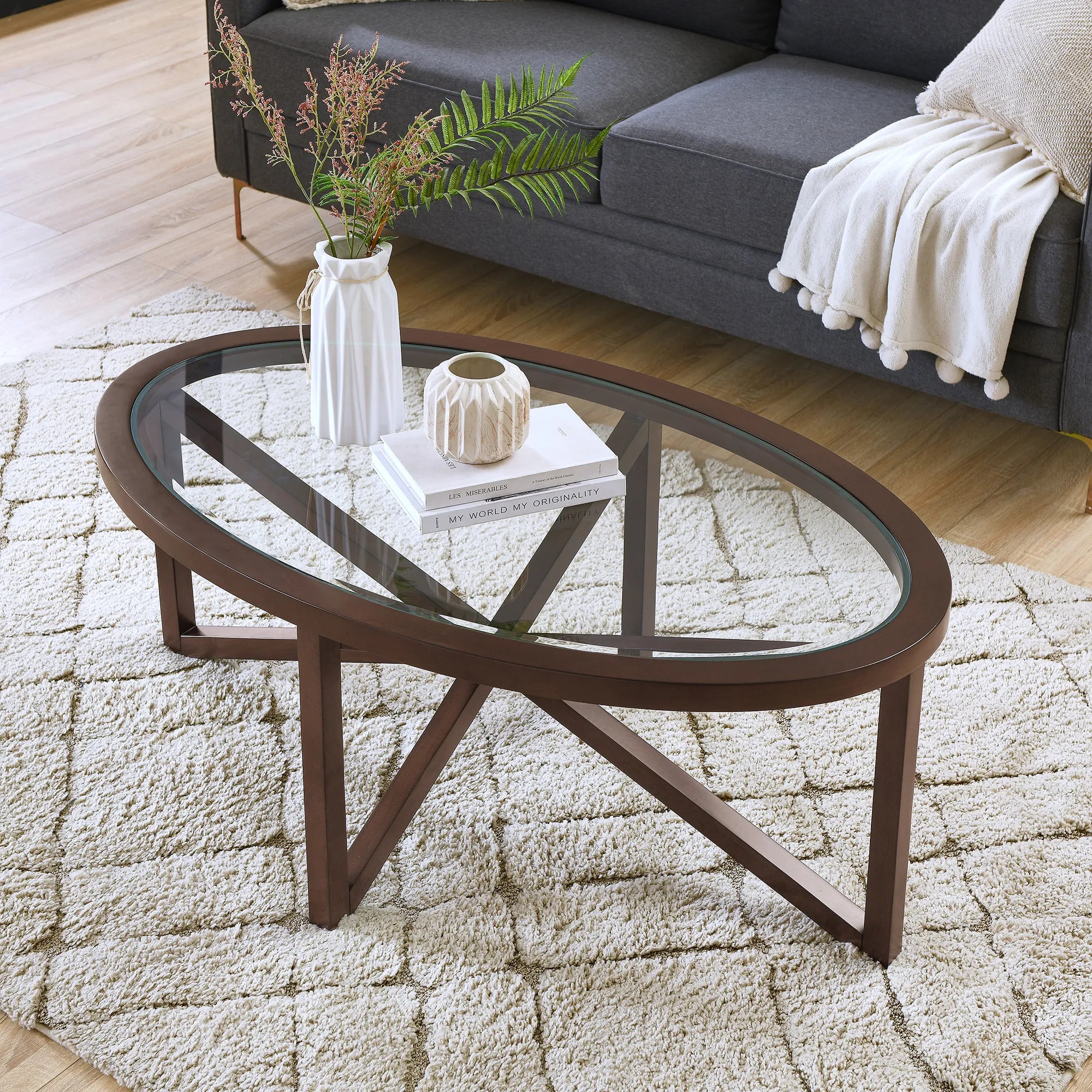 Modern Oval Tempered Glass Coffee Table with Solid Wood Base