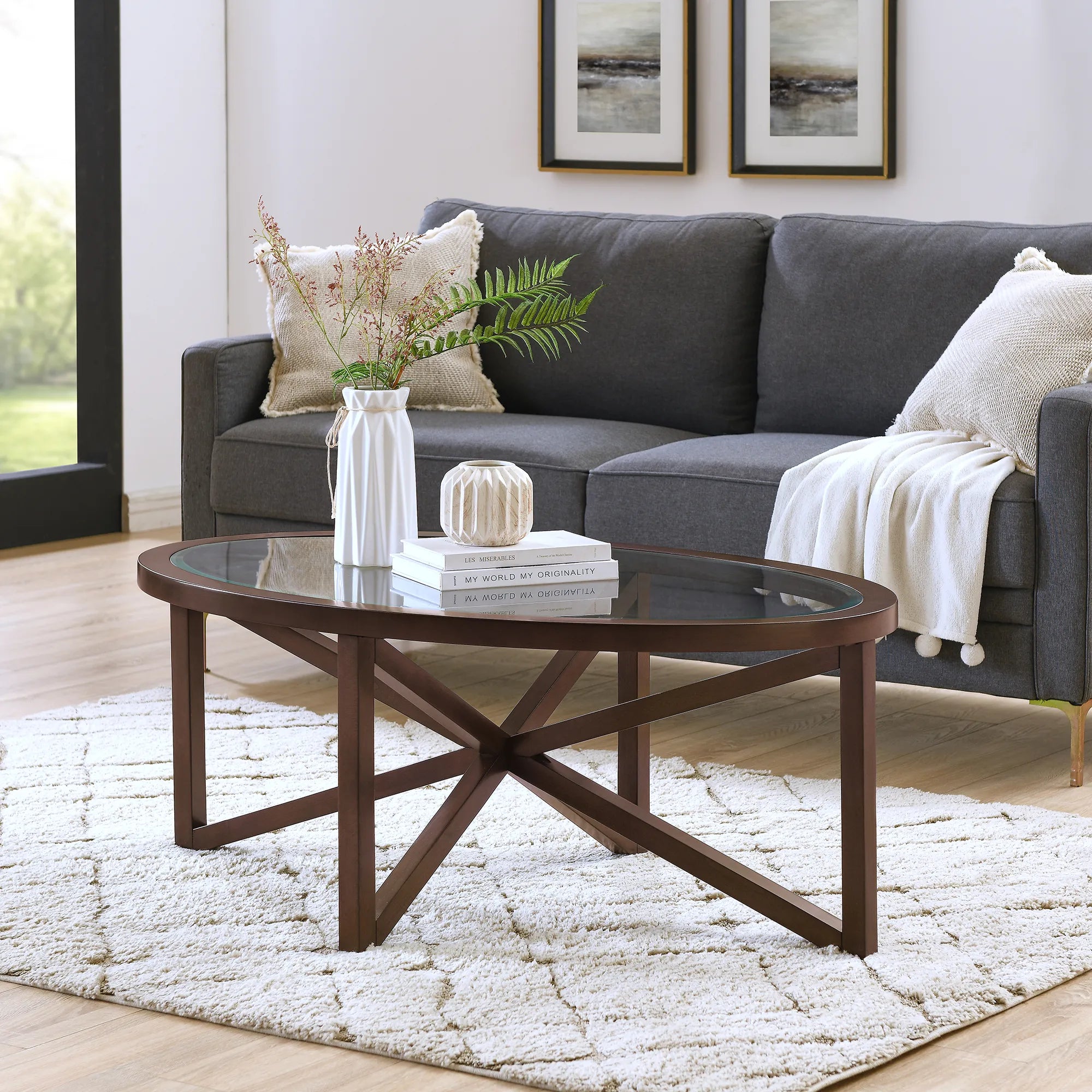 Modern Oval Tempered Glass Coffee Table with Solid Wood Base