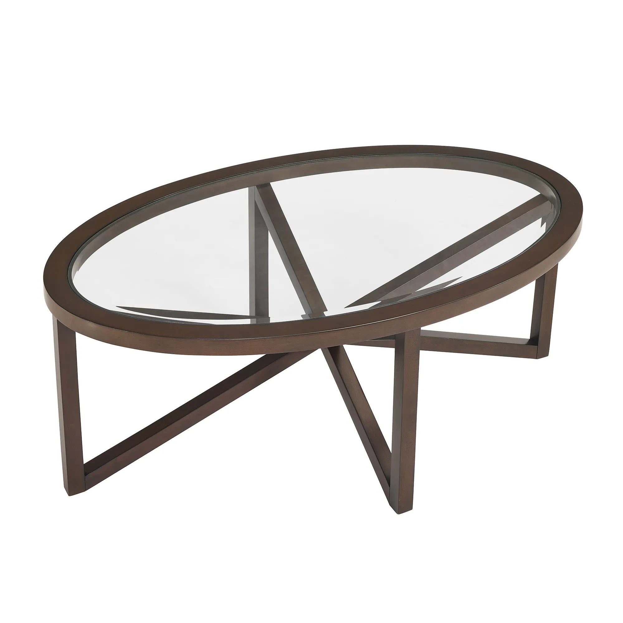Modern Oval Tempered Glass Coffee Table with Solid Wood Base