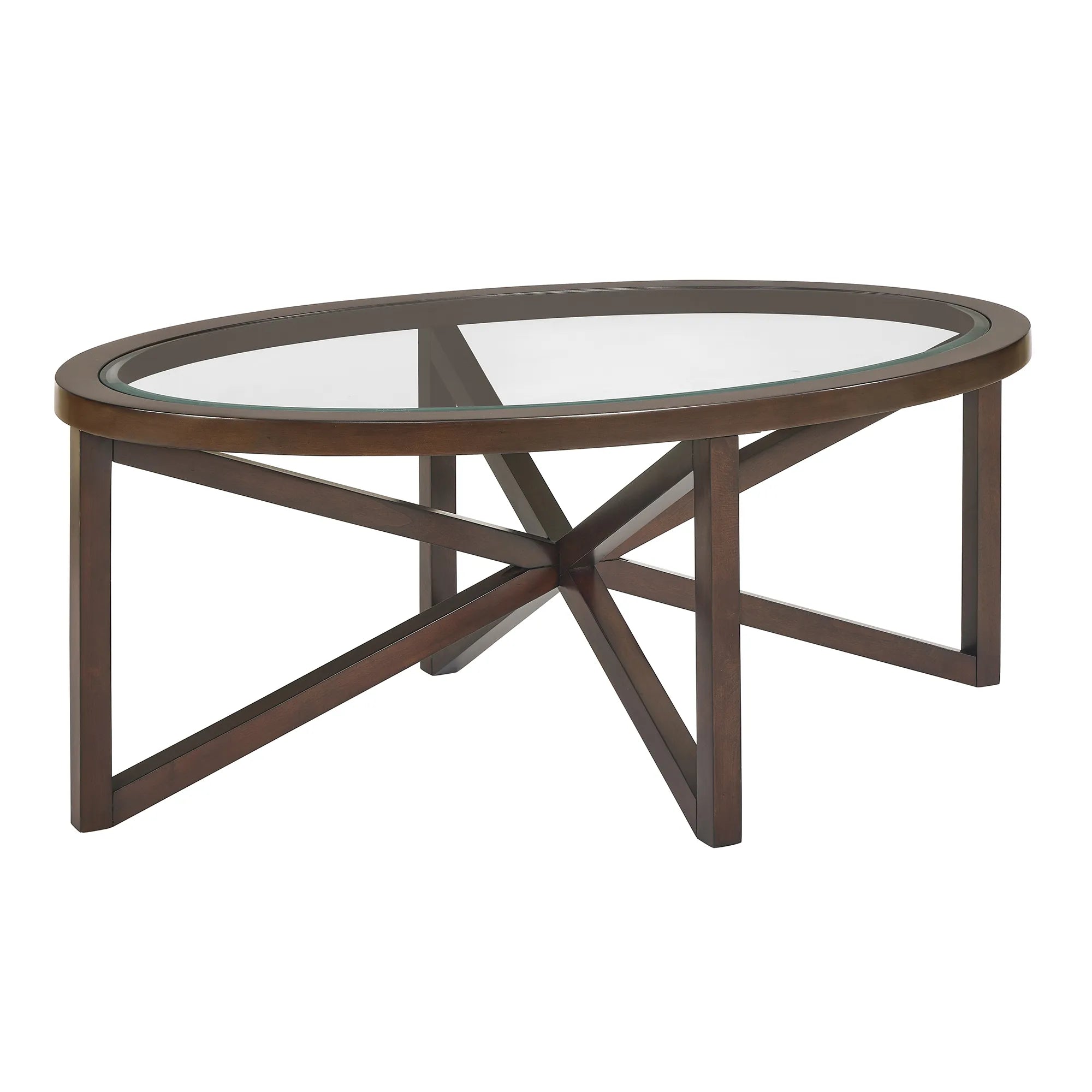 Modern Oval Tempered Glass Coffee Table with Solid Wood Base
