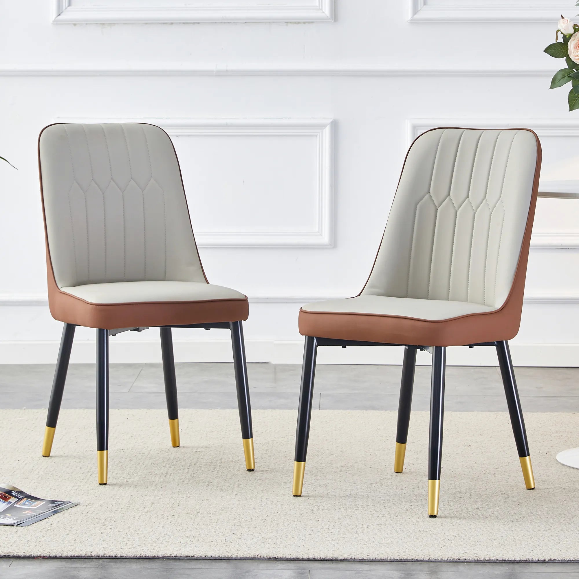 Modern PU Leather Dining Chair Set With Brown And Gray Due Tone