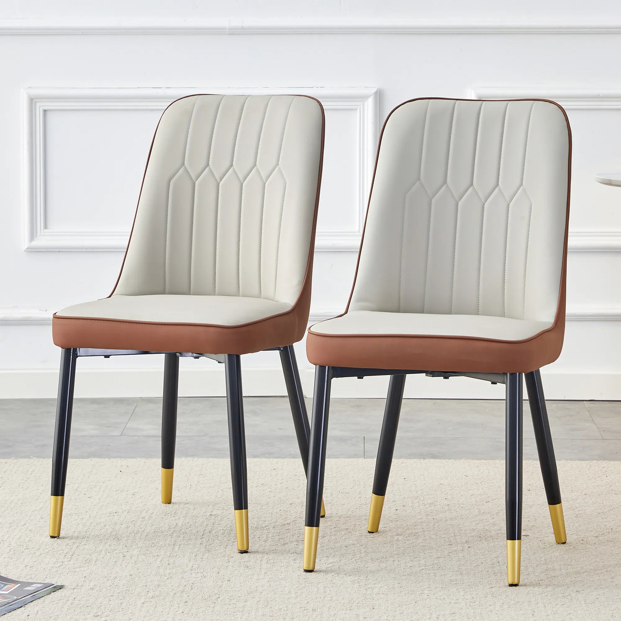 Modern PU Leather Dining Chair Set With Brown And Gray Due Tone