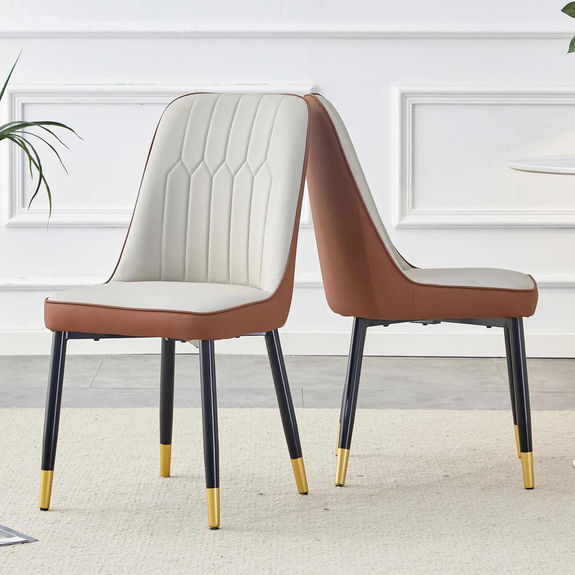 Modern PU Leather Dining Chair Set With Brown And Gray Due Tone