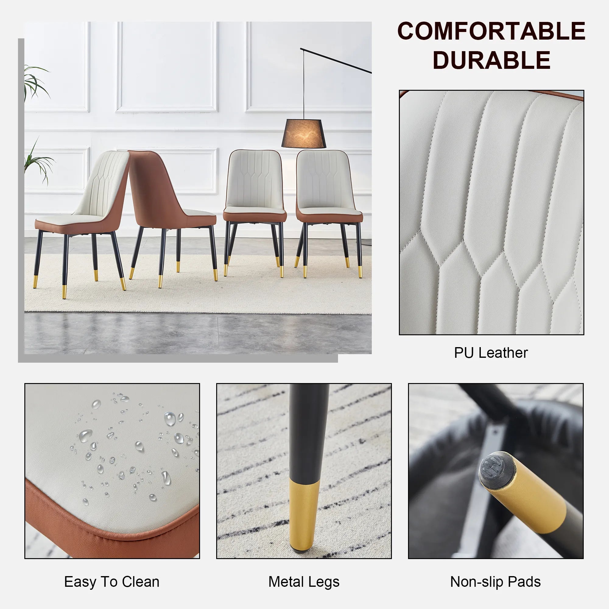 Modern PU Leather Dining Chair Set With Brown And Gray Due Tone