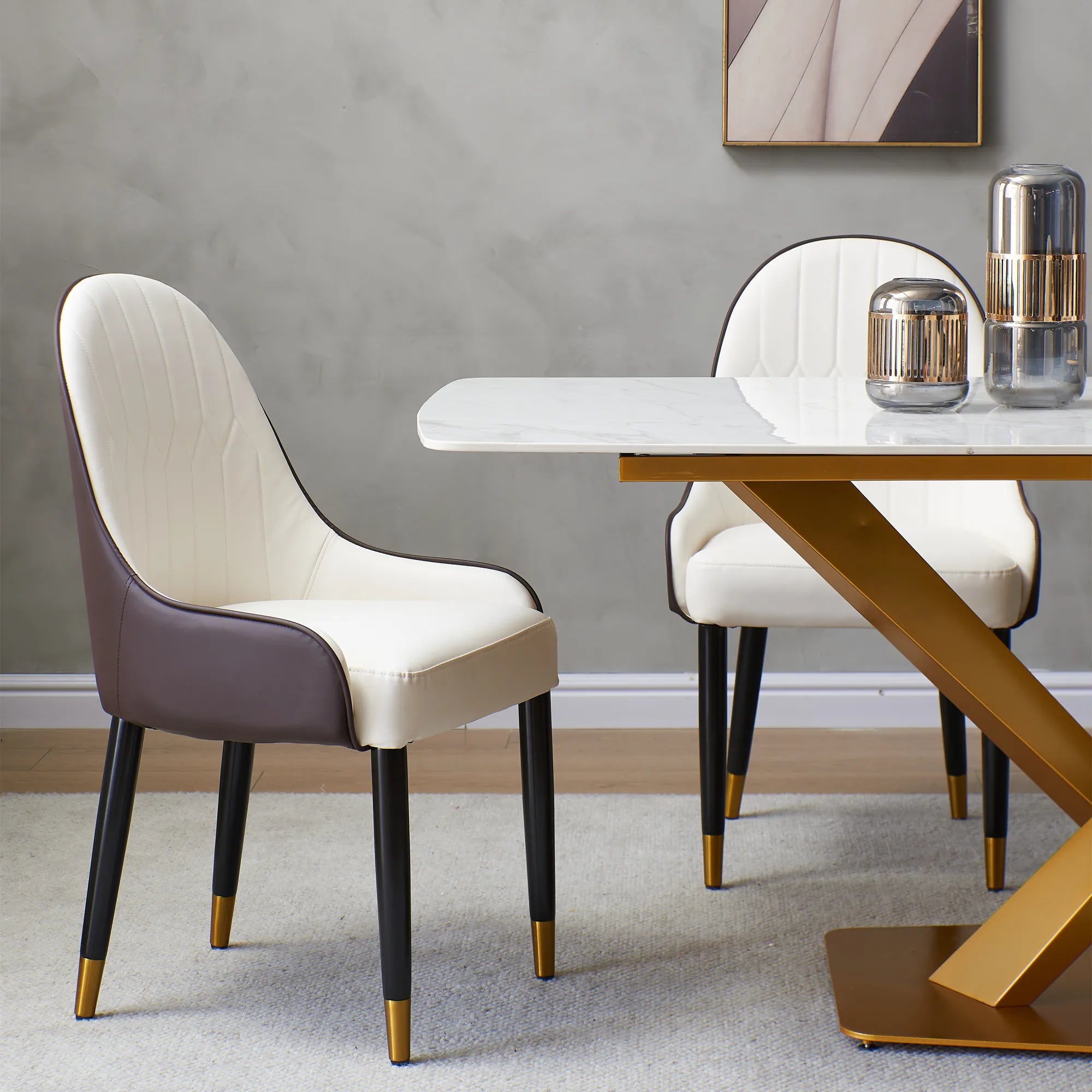 Modern PU Leather Dining Chair Set With Brown And White Color