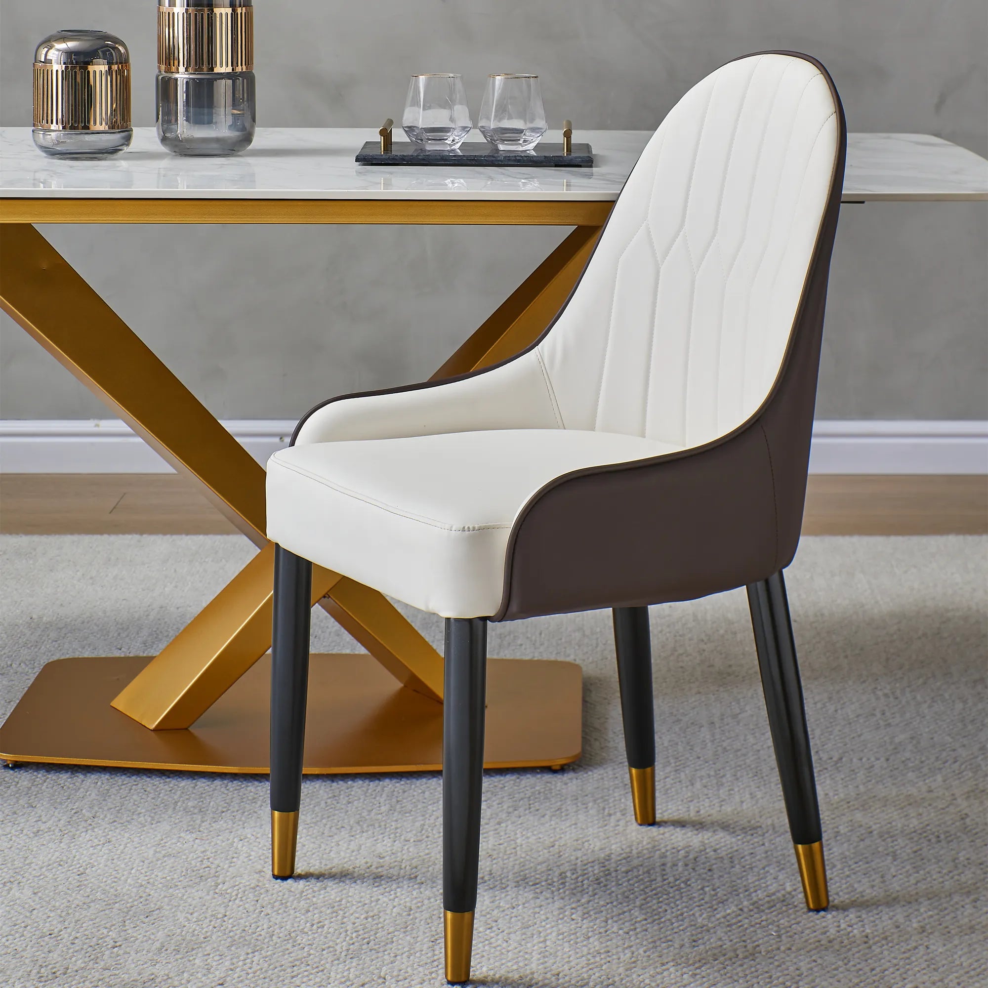 Modern PU Leather Dining Chair Set With Brown And White Color