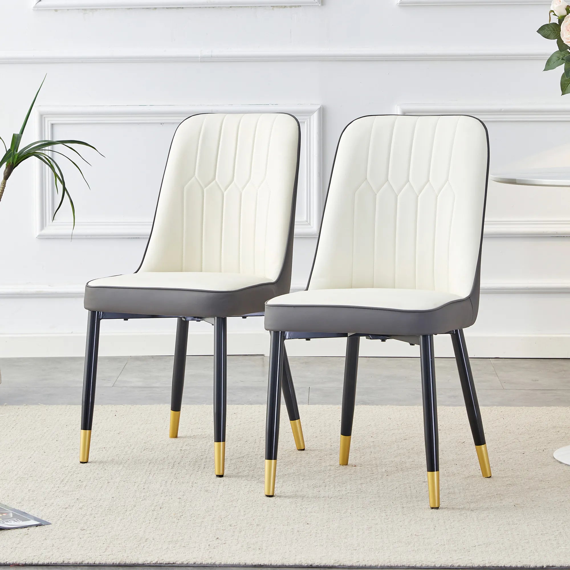 Modern PU Leather Dining Chair Set With White And Gray Due Tone