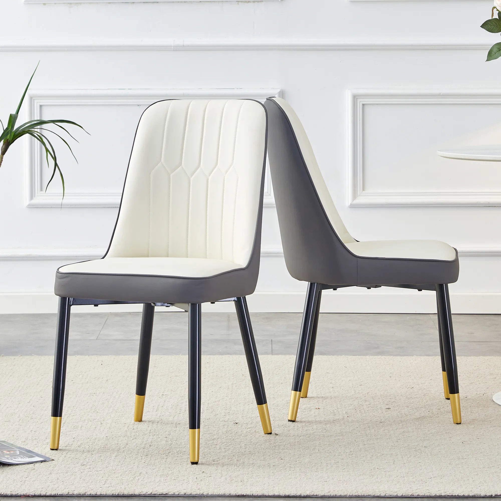 Modern PU Leather Dining Chair Set With White And Gray Due Tone