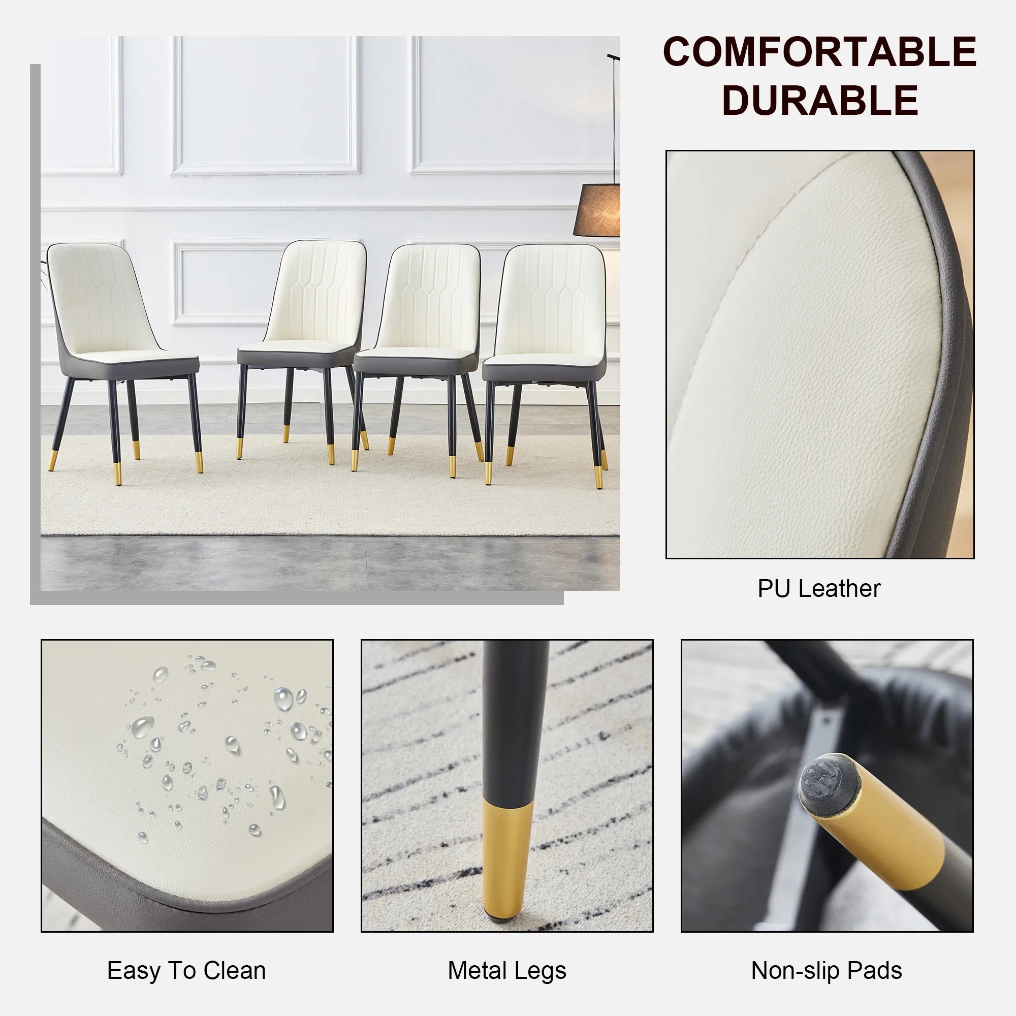Modern PU Leather Dining Chair Set With White And Gray Due Tone
