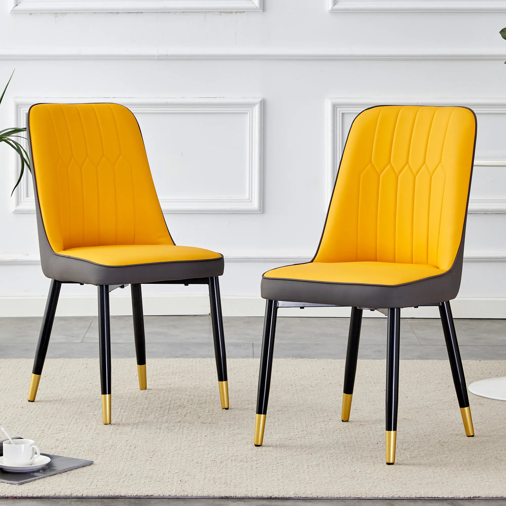 Modern PU Leather Dining Chair Set With Yellow And Gray Due Tone