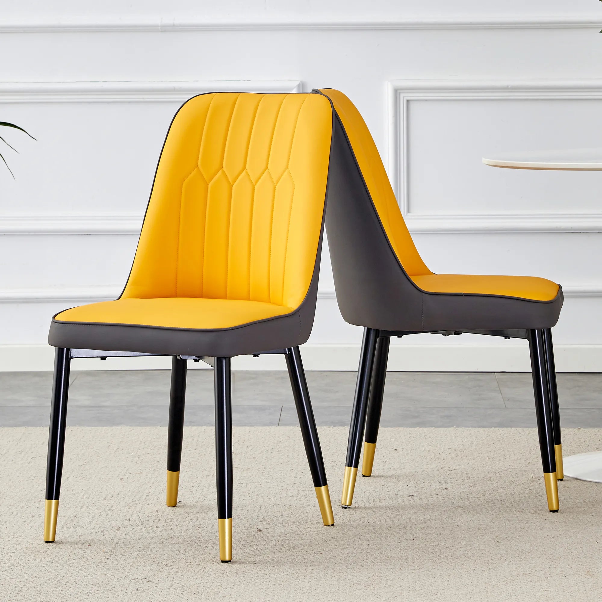 Modern PU Leather Dining Chair Set With Yellow And Gray Due Tone