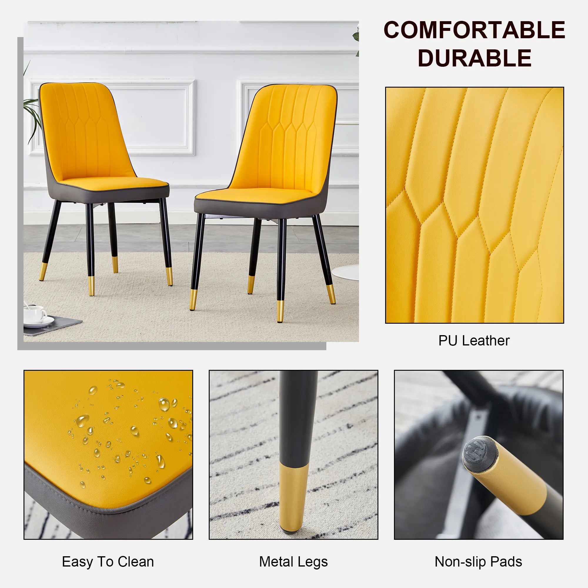 Modern PU Leather Dining Chair Set With Yellow And Gray Due Tone