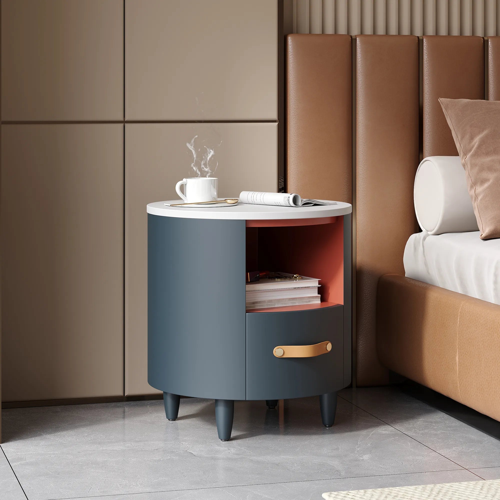 Modern Round Nightstand with Drawer