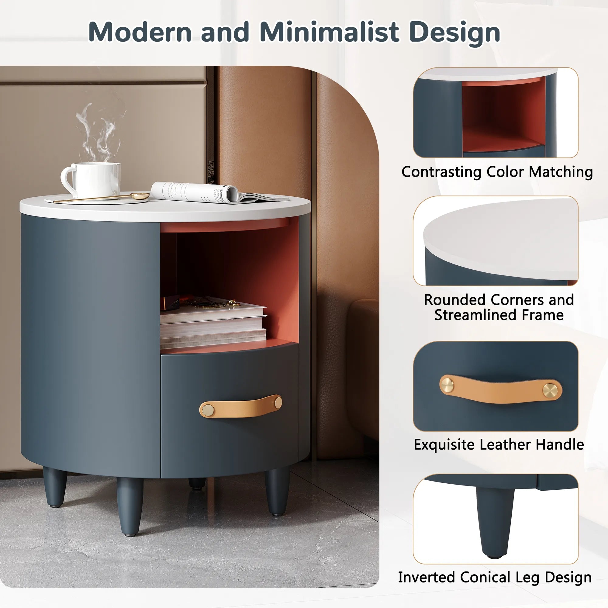 Modern Round Nightstand with Drawer