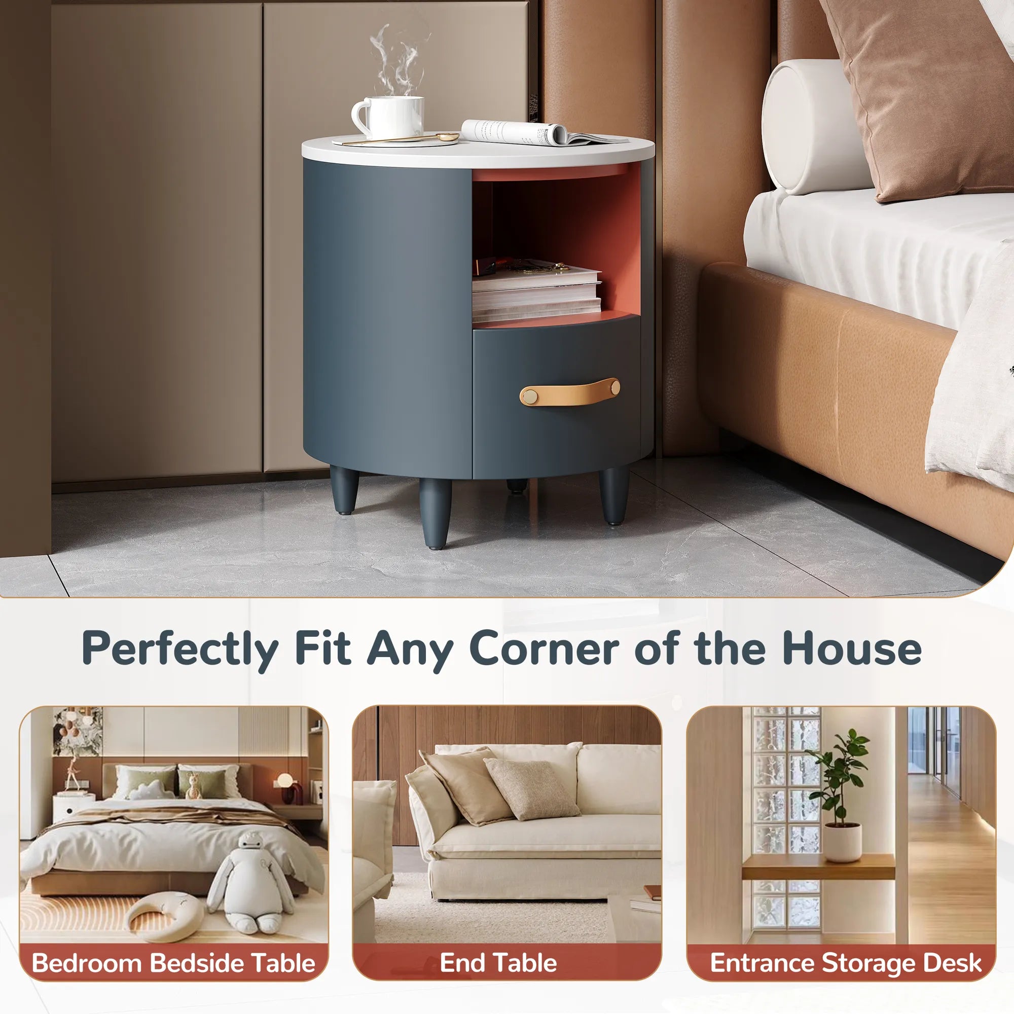 Modern Round Nightstand with Drawer