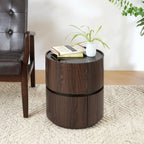 Walnut Round Side Table with Double-Layer Storage