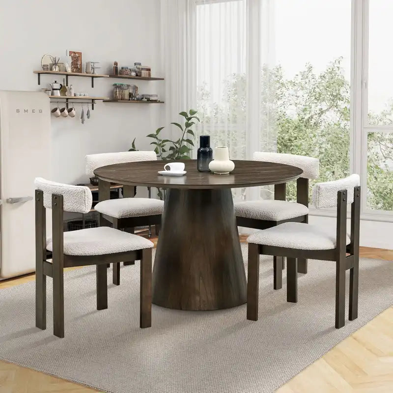 47" Modern Round Wooden Dining Table Set With Upholstered Chairs