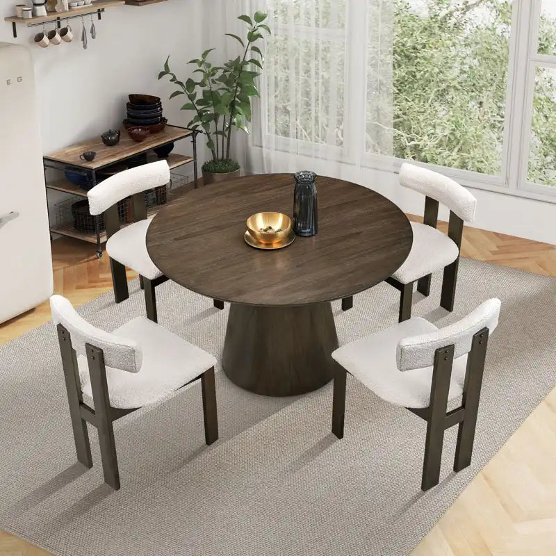 47" Modern Round Wooden Dining Table Set With Upholstered Chairs