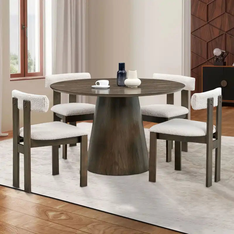 47" Modern Round Wooden Dining Table Set With Upholstered Chairs
