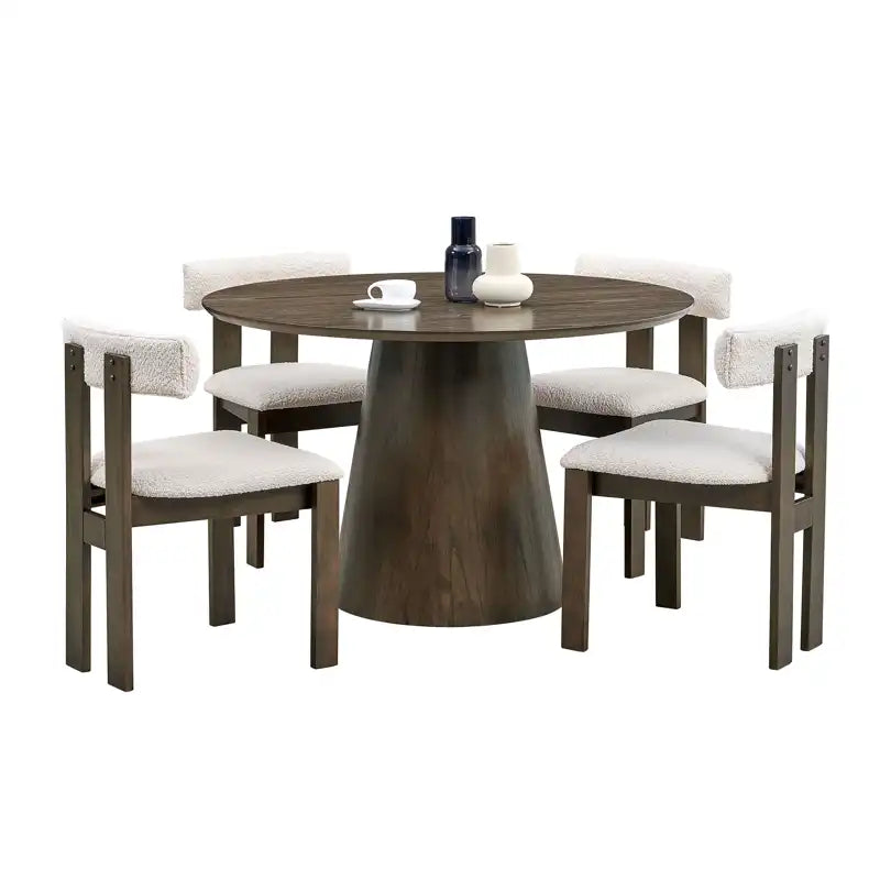 47" Modern Round Wooden Dining Table Set With Upholstered Chairs