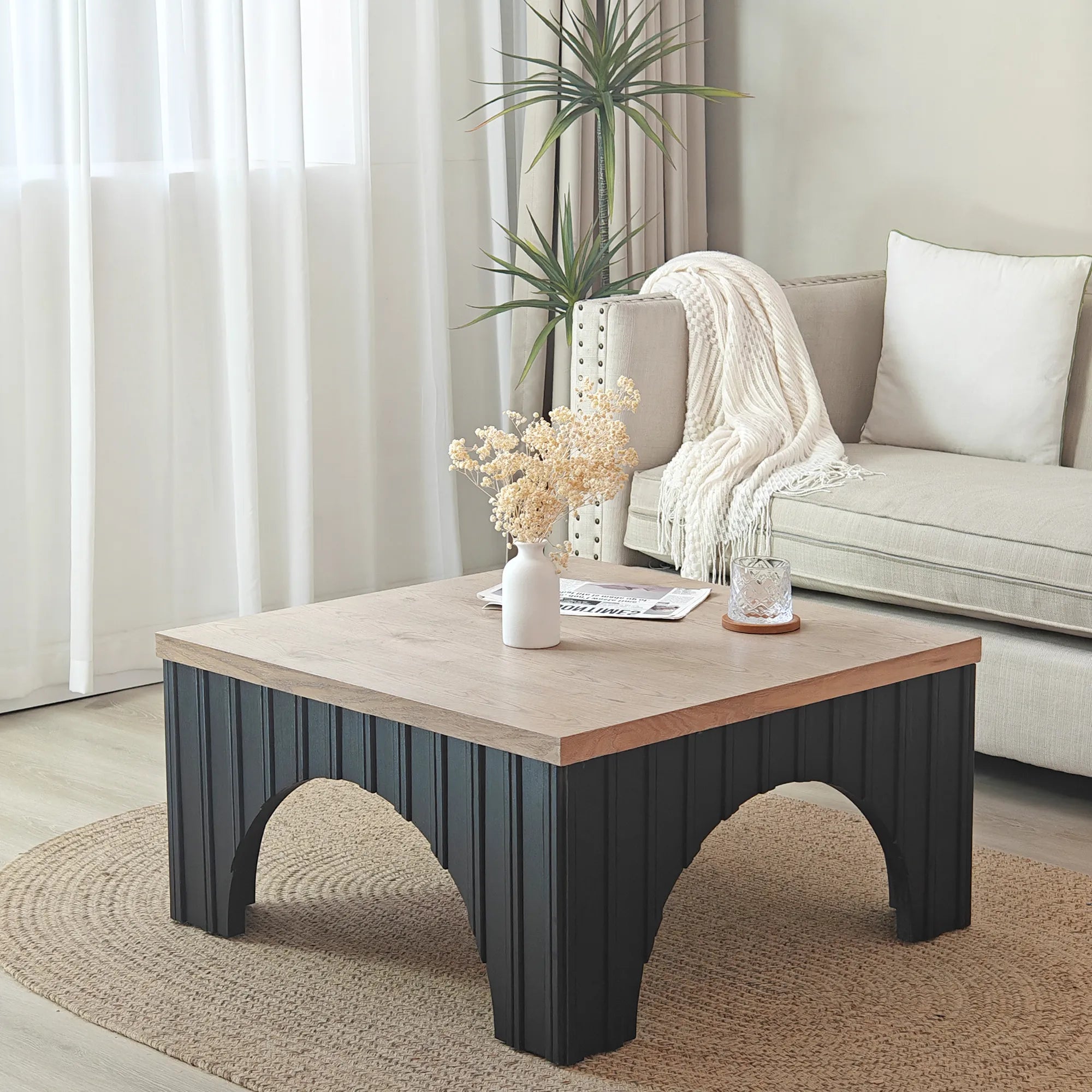 Modern Rustic Wooden Coffee Table with Black Arch Design Base