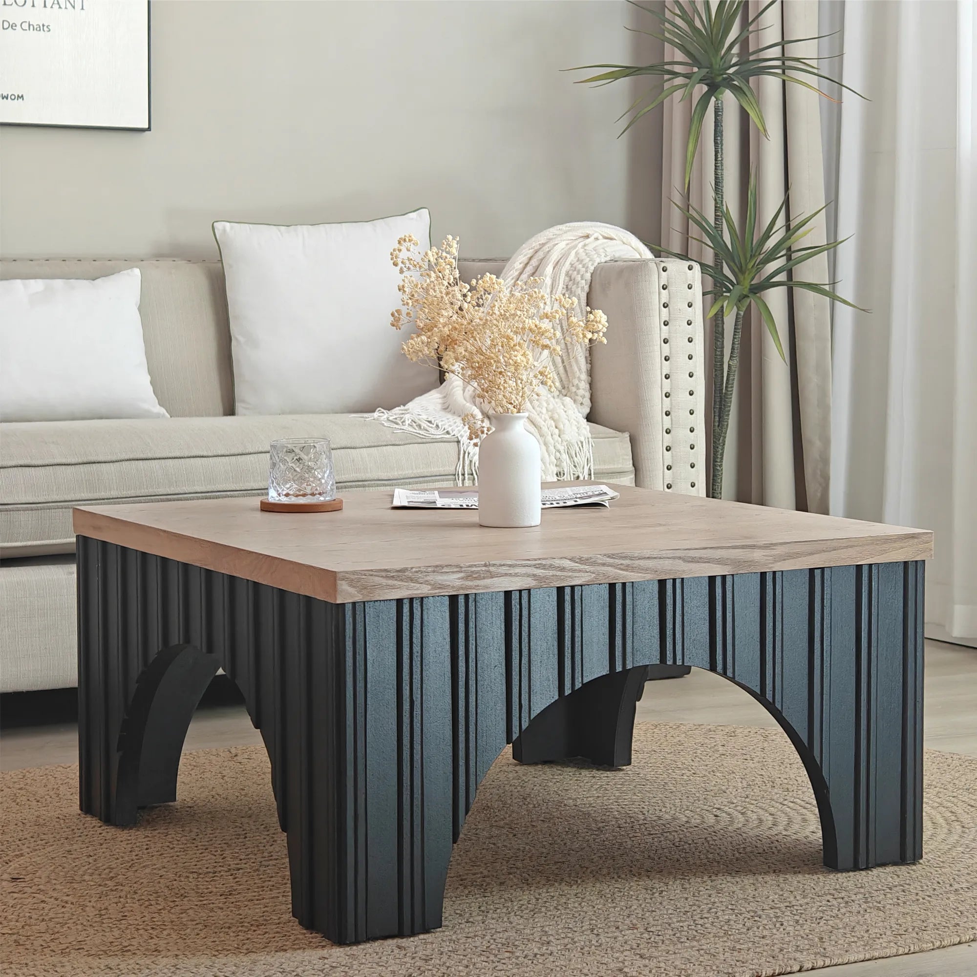 Modern Rustic Wooden Coffee Table with Black Arch Design Base