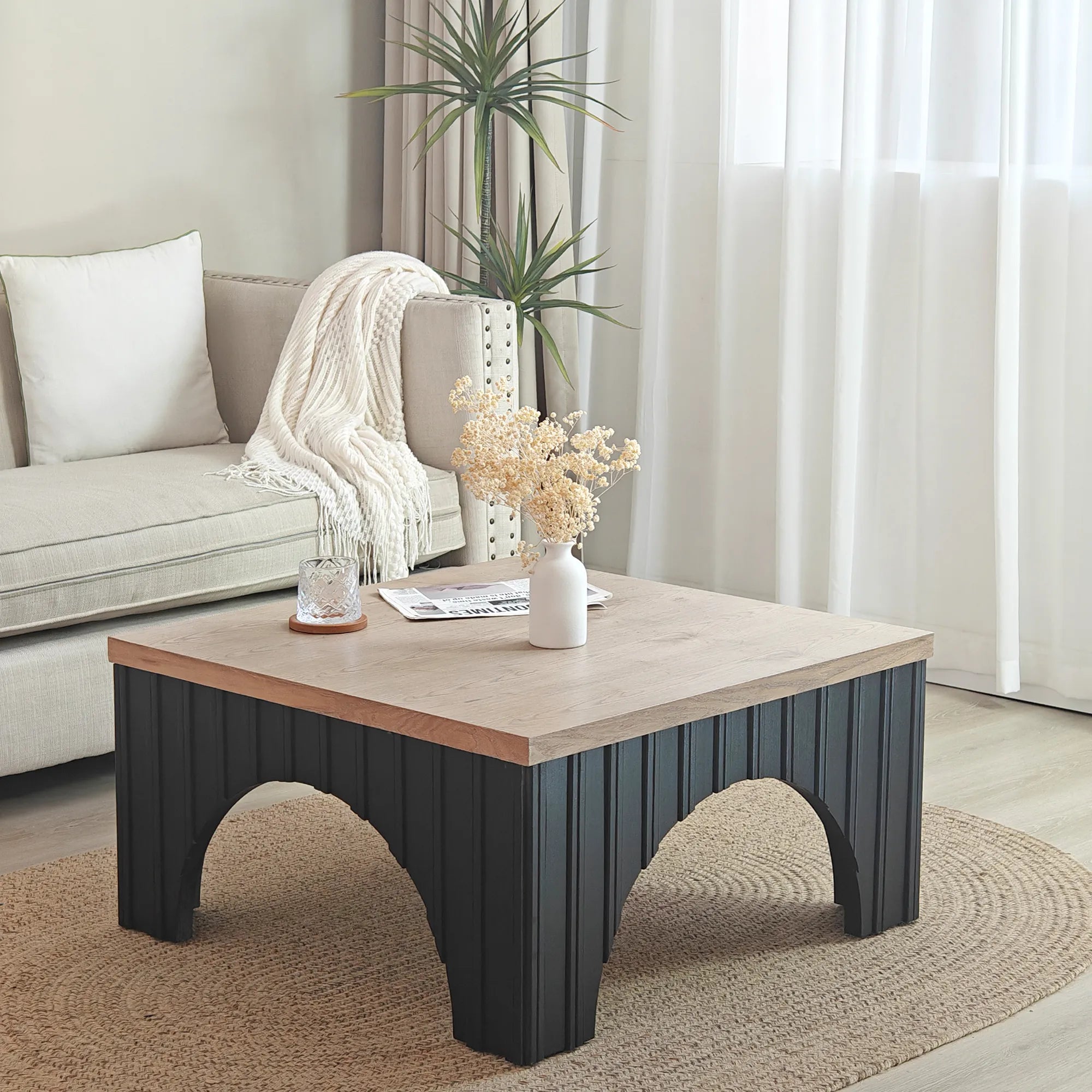 Modern Rustic Wooden Coffee Table with Black Arch Design Base