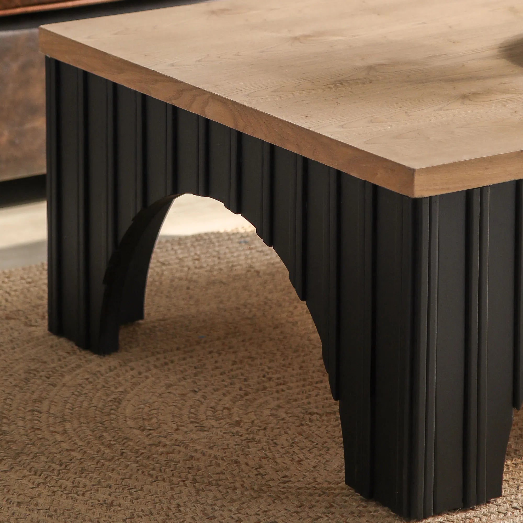 Modern Rustic Wooden Coffee Table with Black Arch Design Base