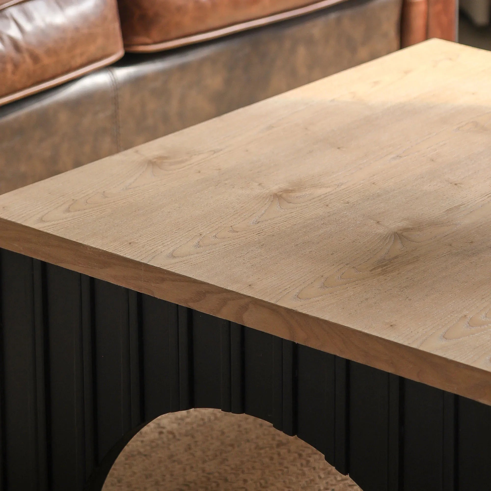 Modern Rustic Wooden Coffee Table with Black Arch Design Base