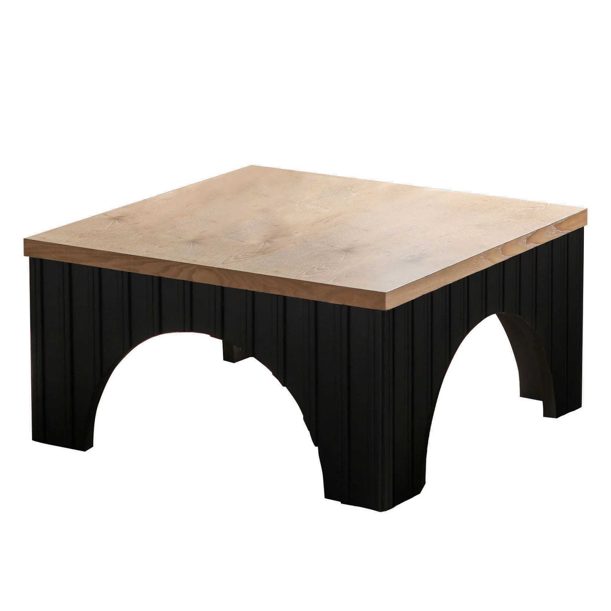 Modern Rustic Wooden Coffee Table with Black Arch Design Base