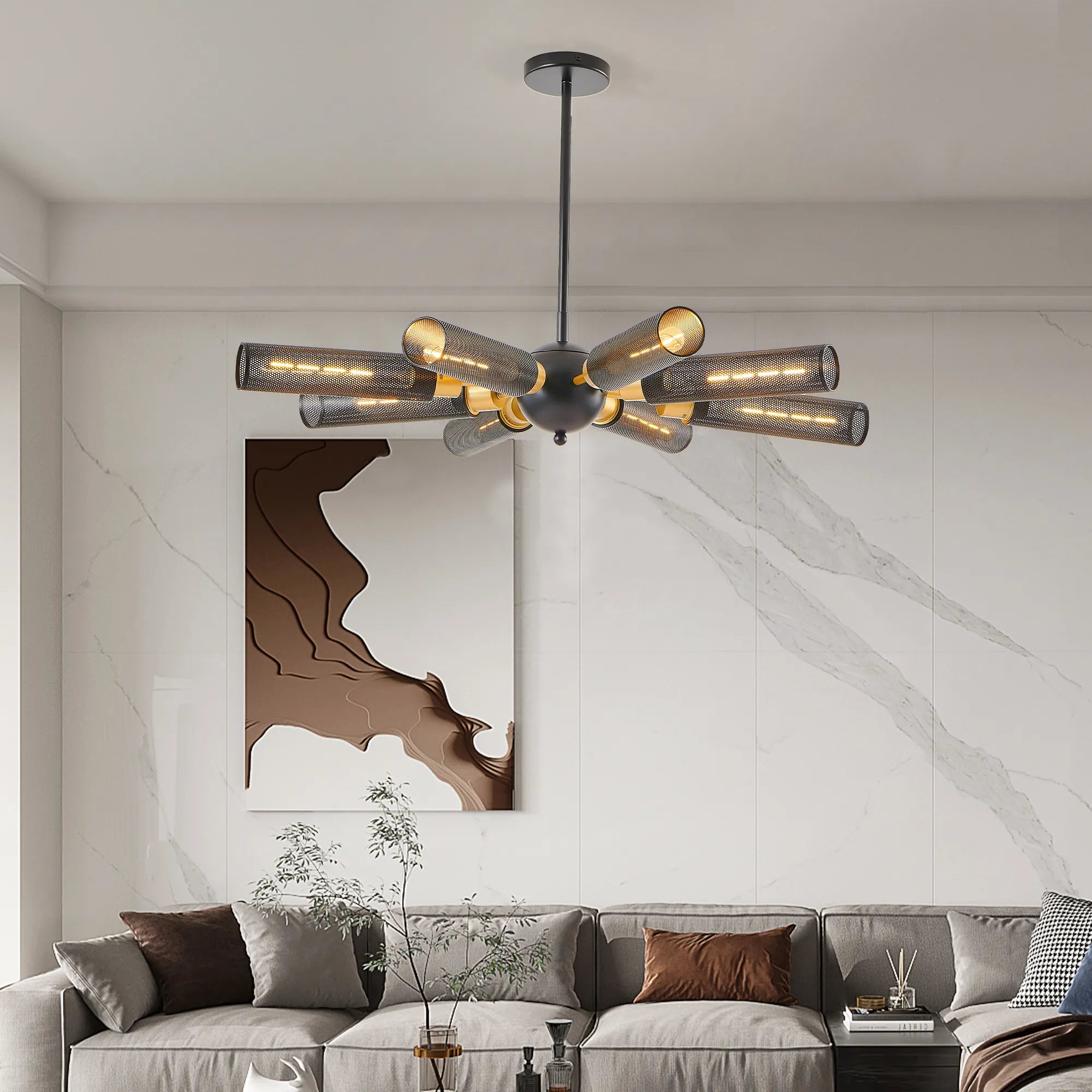 Modern Sputnik 8 Light Black and Gold Metal Chandelier with Mesh Shades