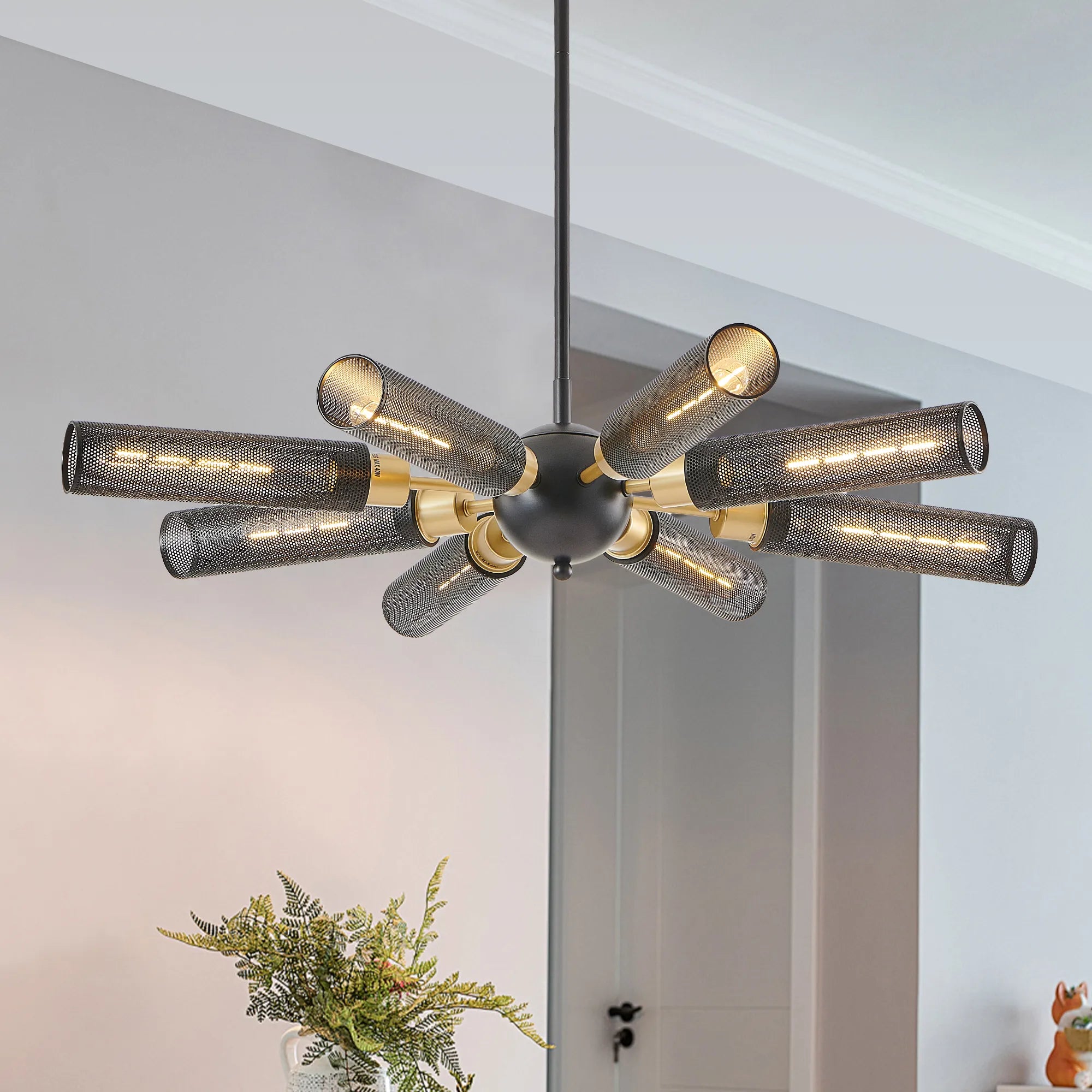 Modern Sputnik 8 Light Black and Gold Metal Chandelier with Mesh Shades