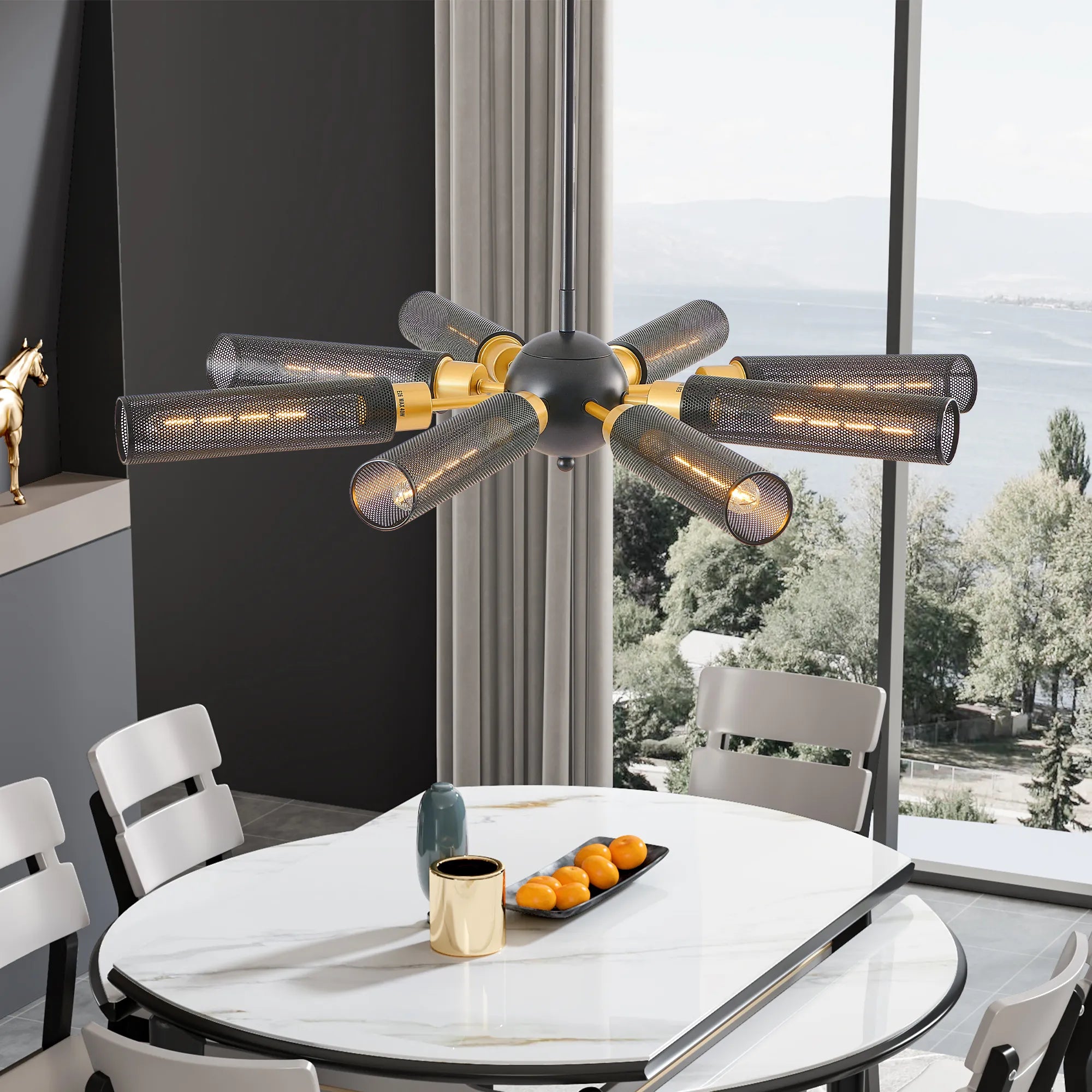 Modern Sputnik 8 Light Black and Gold Metal Chandelier with Mesh Shades
