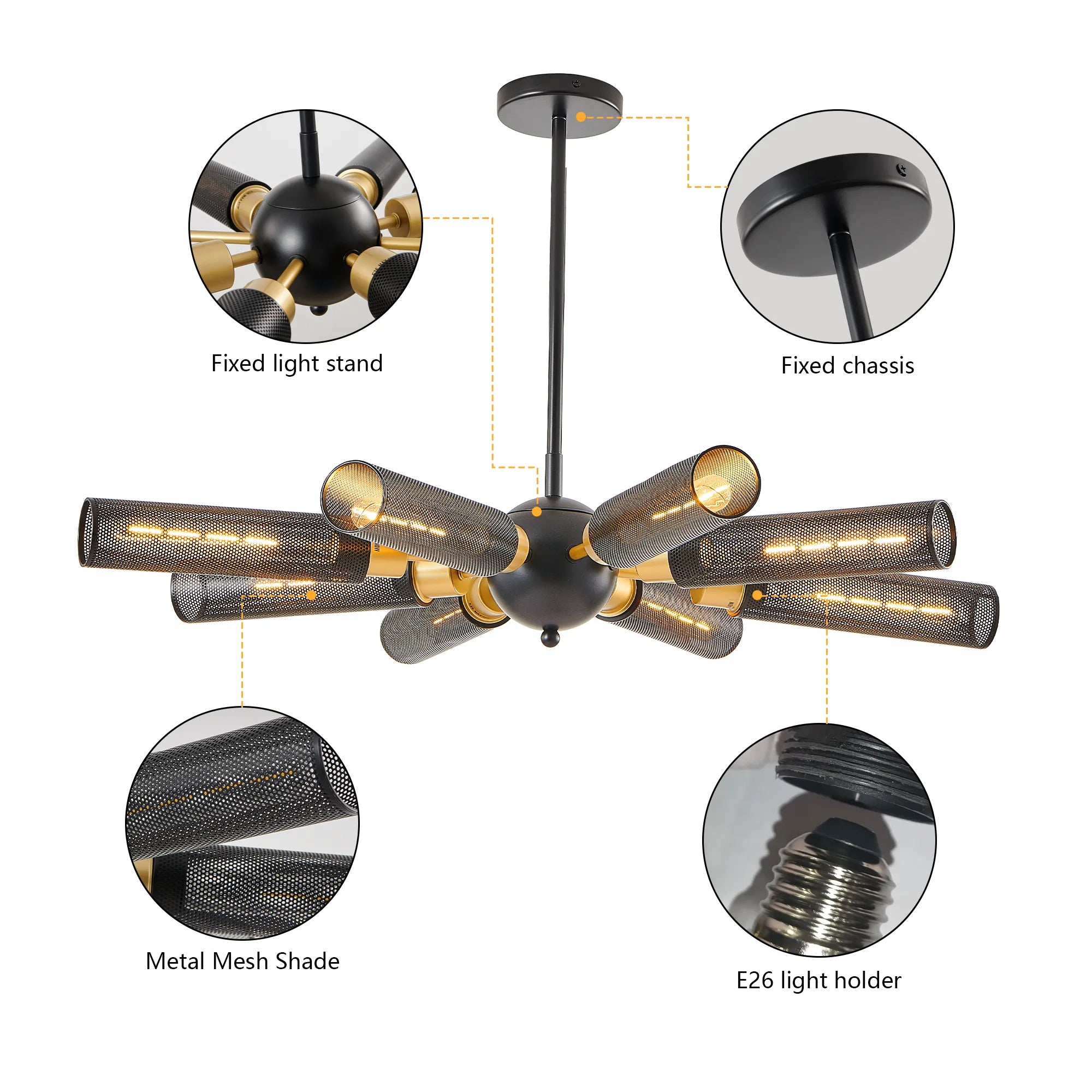 Modern Sputnik 8 Light Black and Gold Metal Chandelier with Mesh Shades
