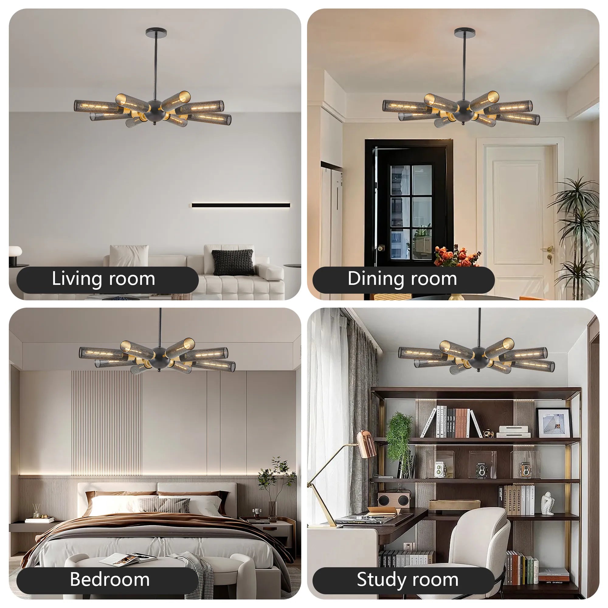 Modern Sputnik 8 Light Black and Gold Metal Chandelier with Mesh Shades