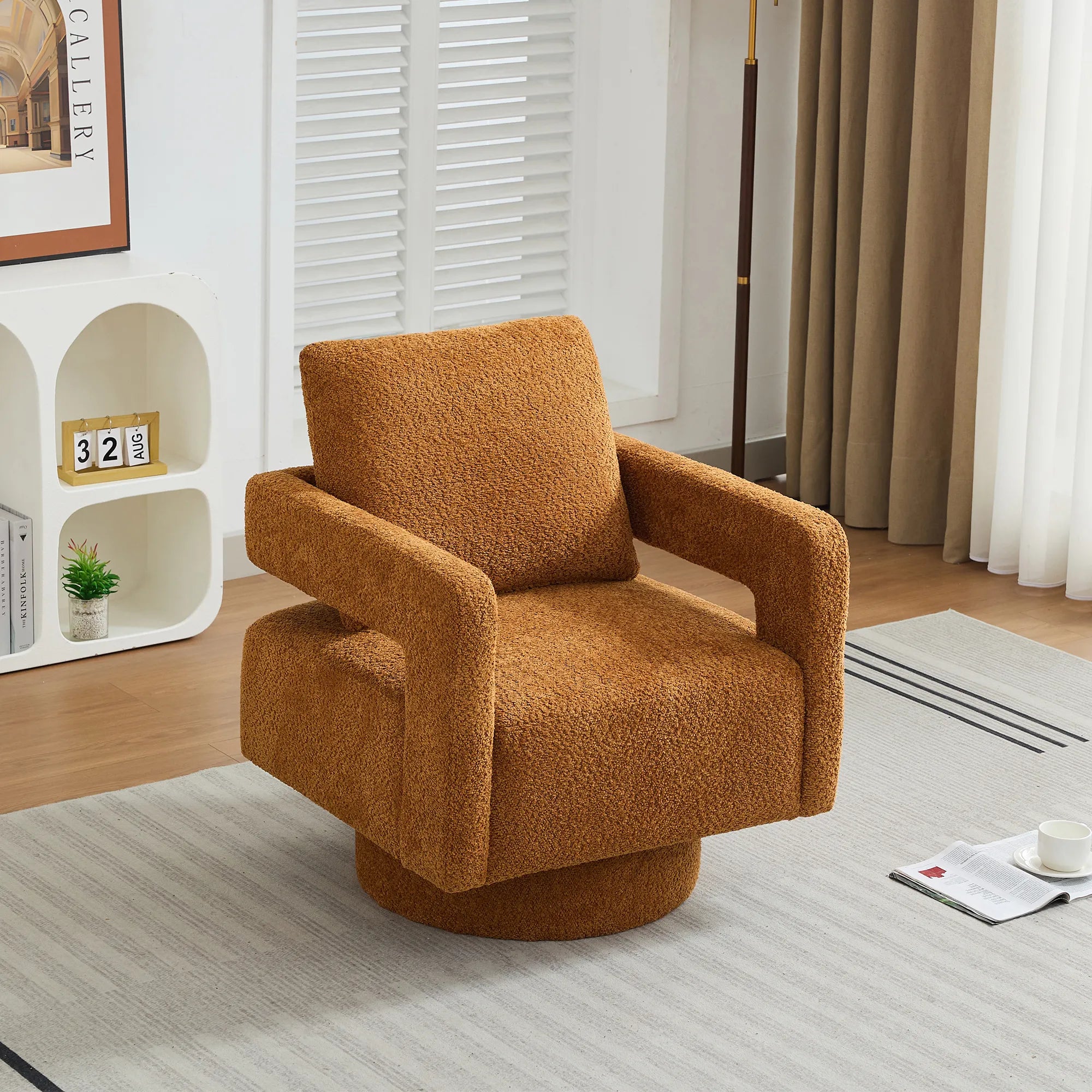 Modern Square Boucle Swivel Accent Chair with Open Back
