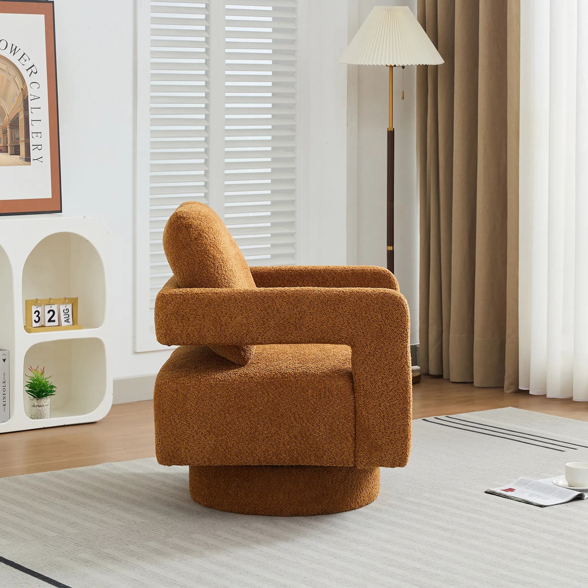Modern Square Boucle Swivel Accent Chair with Open Back