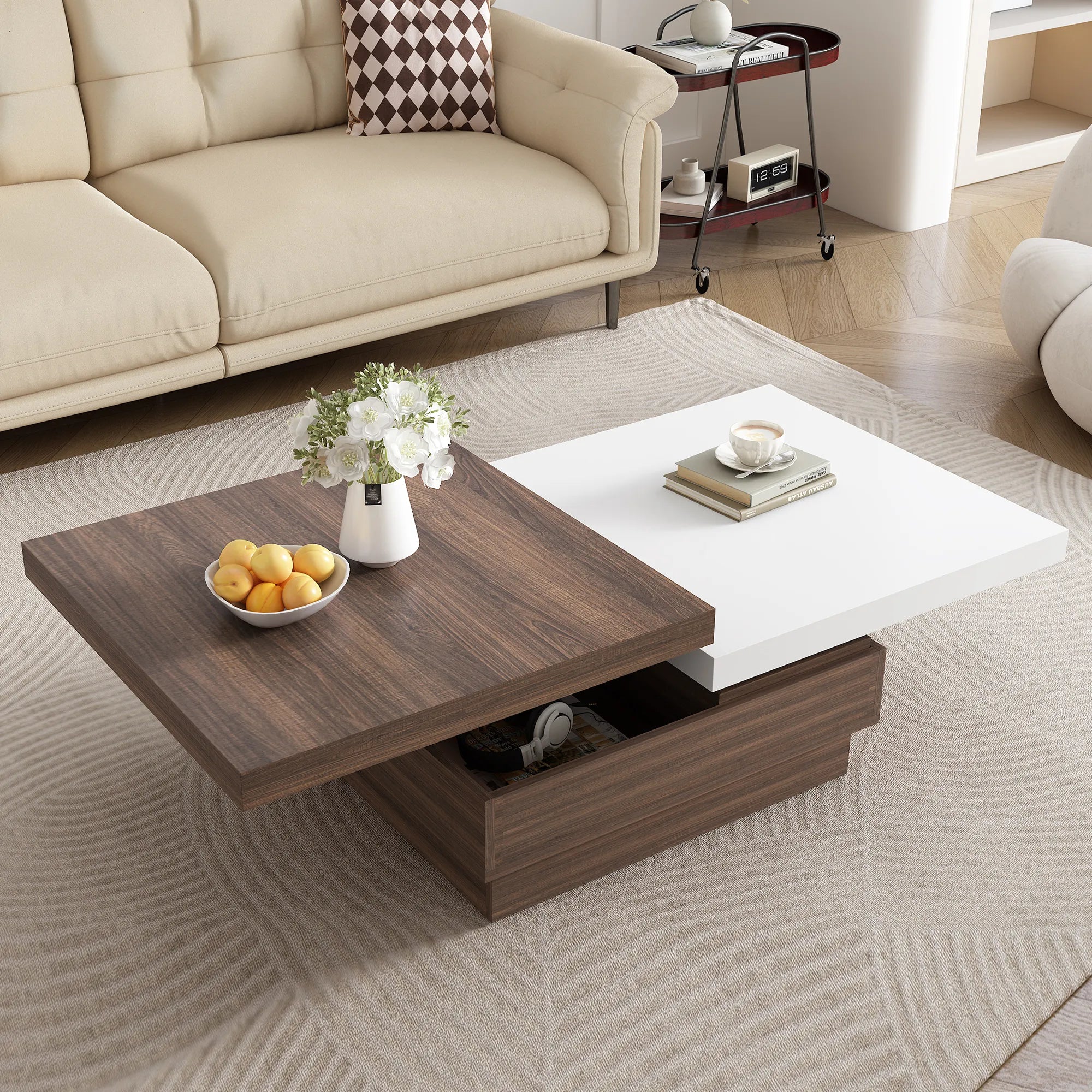 Modern Square Rotatable Top Coffee Table with Wooden Grain Design and Storage
