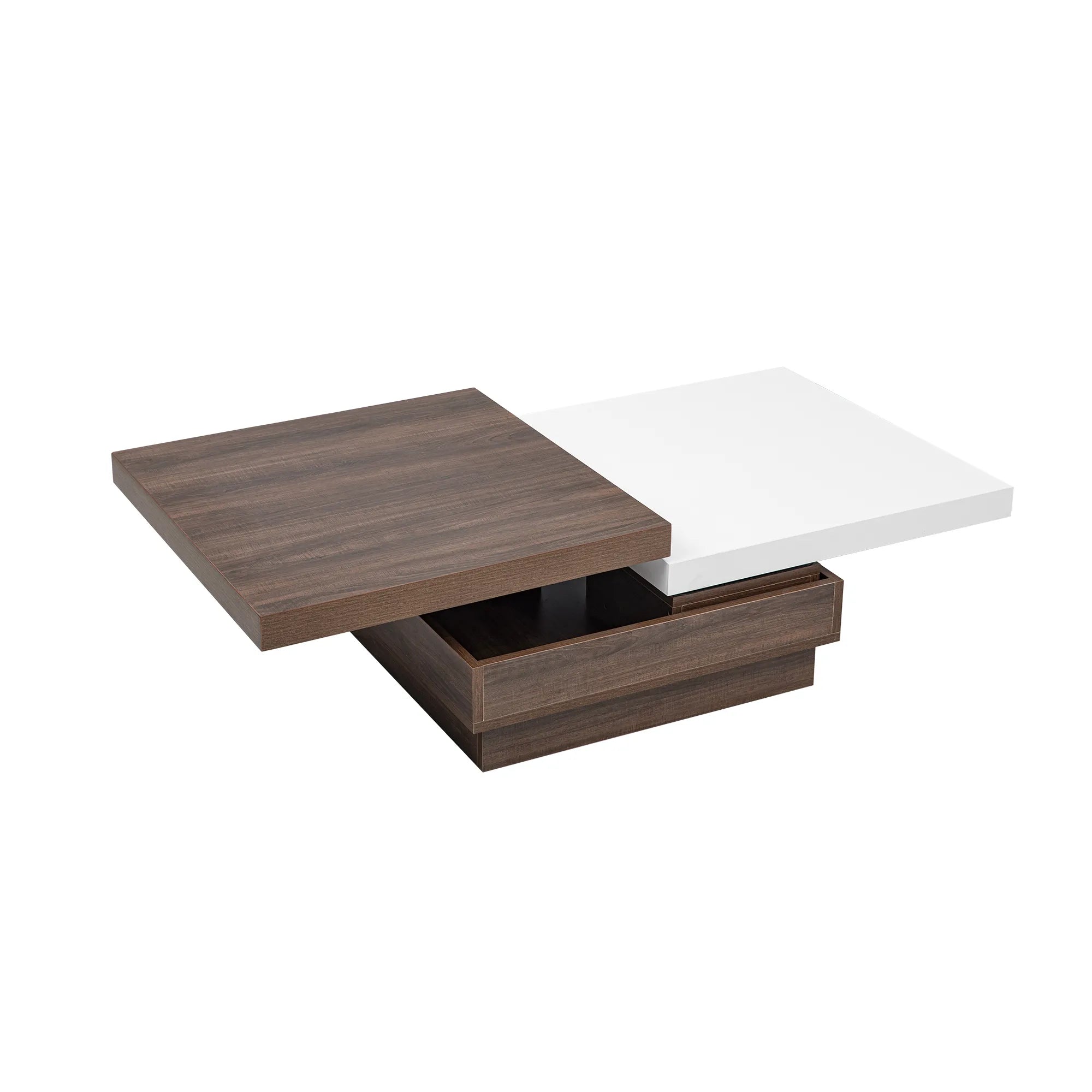 Modern Square Rotatable Top Coffee Table with Wooden Grain Design and Storage