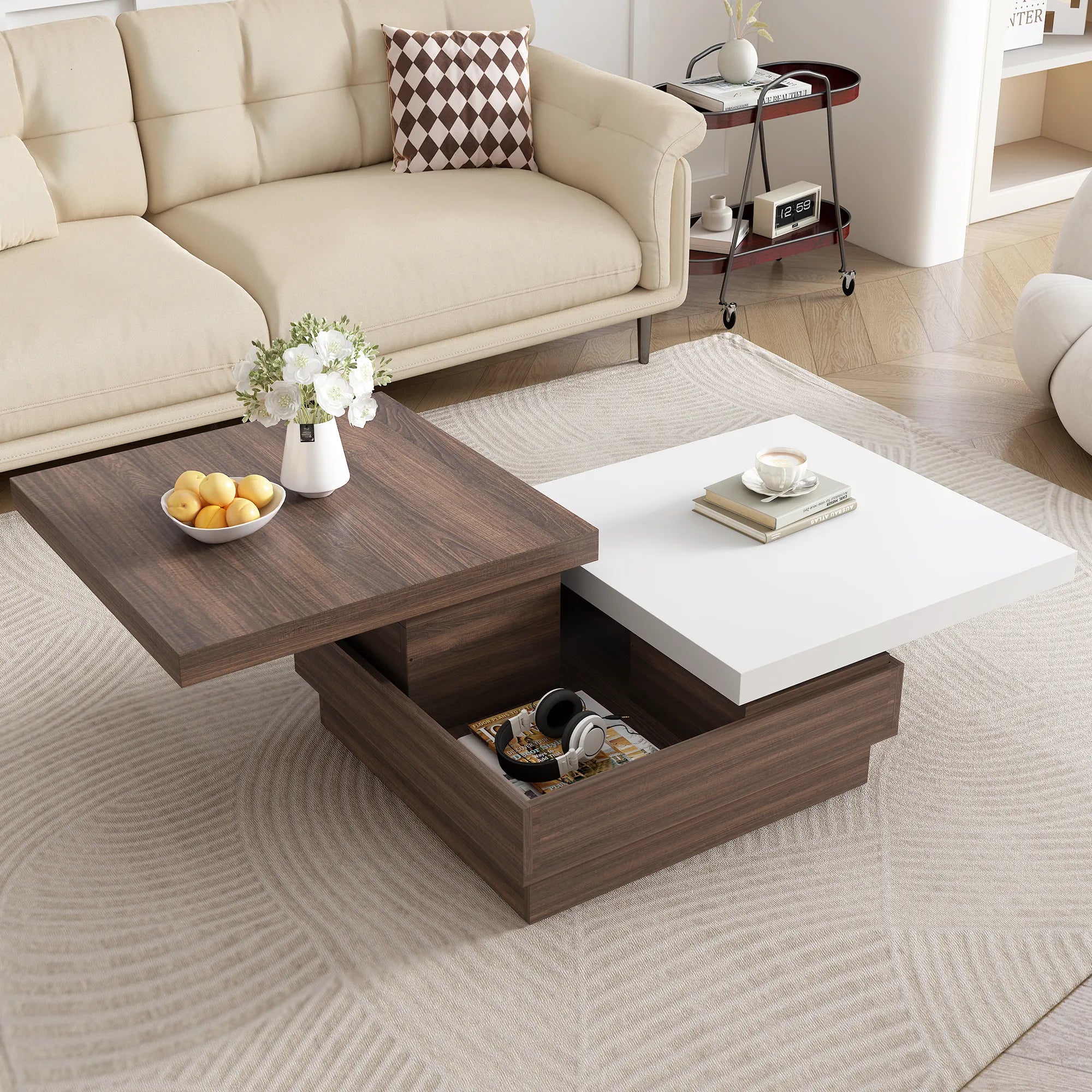 Modern Square Rotatable Top Coffee Table with Wooden Grain Design and Storage