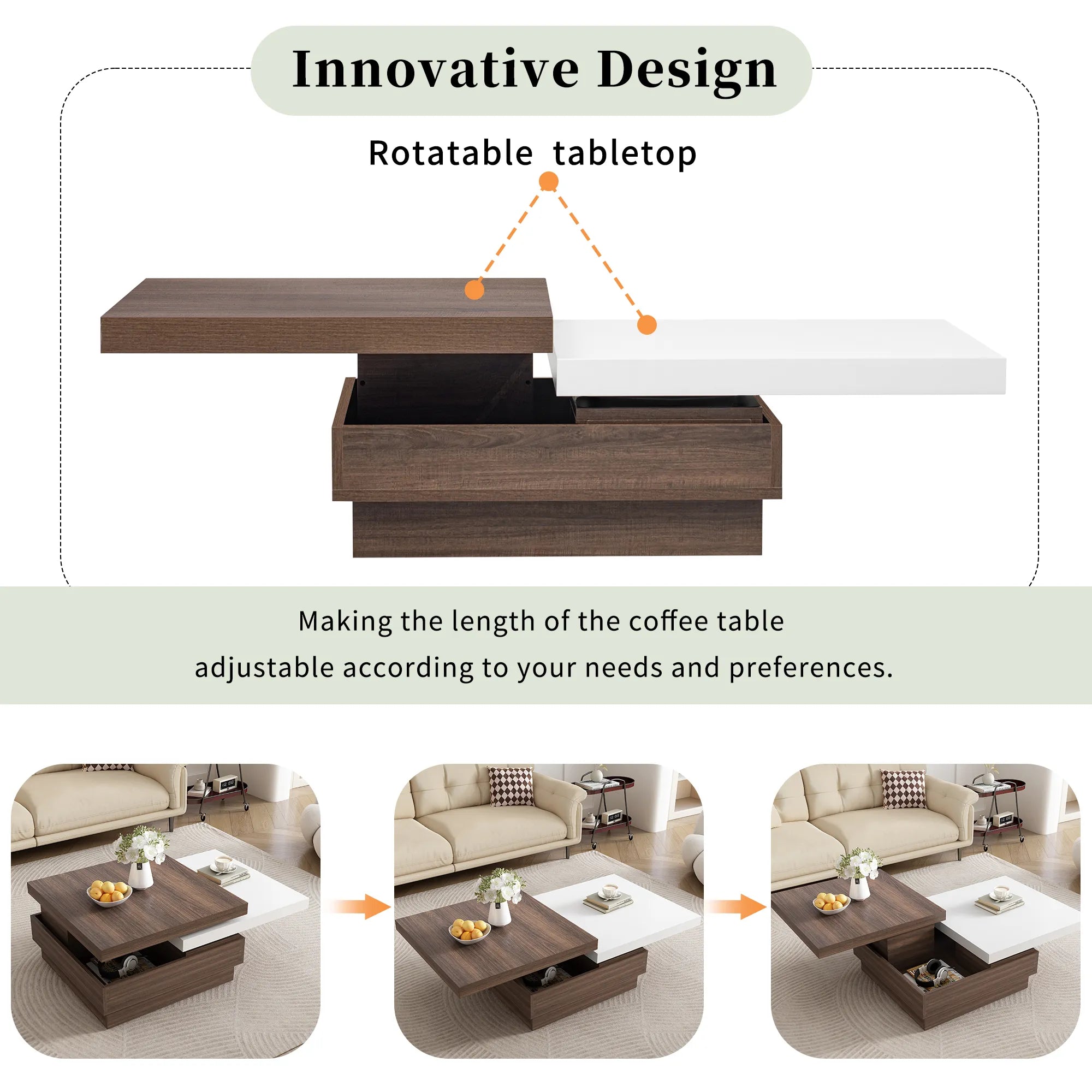 Modern Square Rotatable Top Coffee Table with Wooden Grain Design and Storage