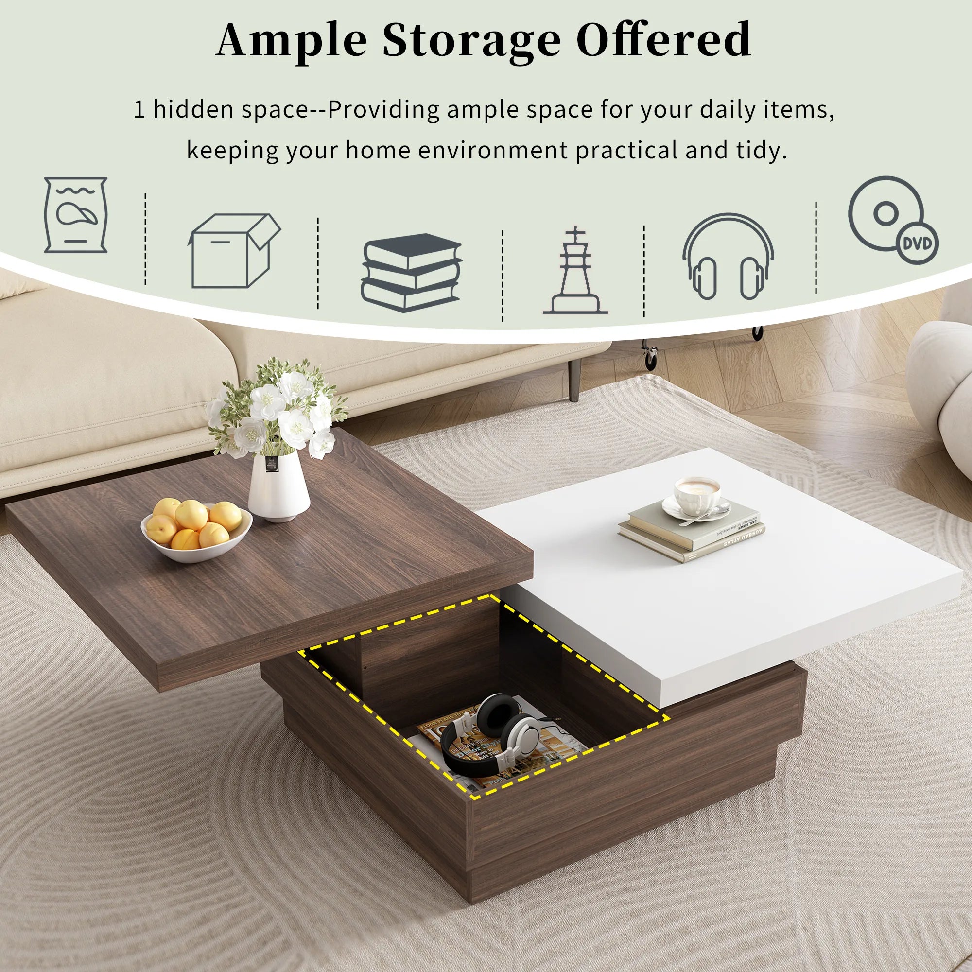 Modern Square Rotatable Top Coffee Table with Wooden Grain Design and Storage