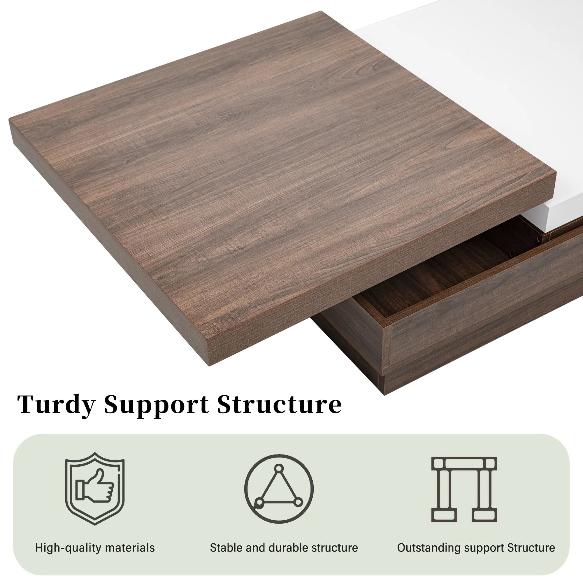 Modern Square Rotatable Top Coffee Table with Wooden Grain Design and Storage